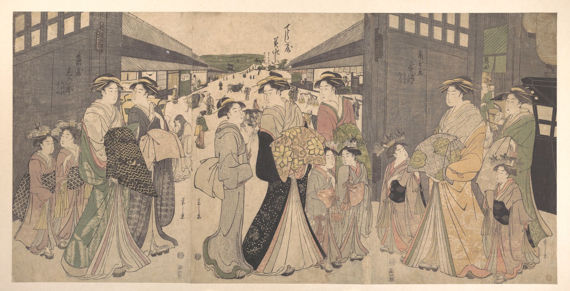 Oiran and Attendants at the Ō Mon or Great Gate of the Yoshiwara by Chōbunsai Eishi 鳥文斎栄之