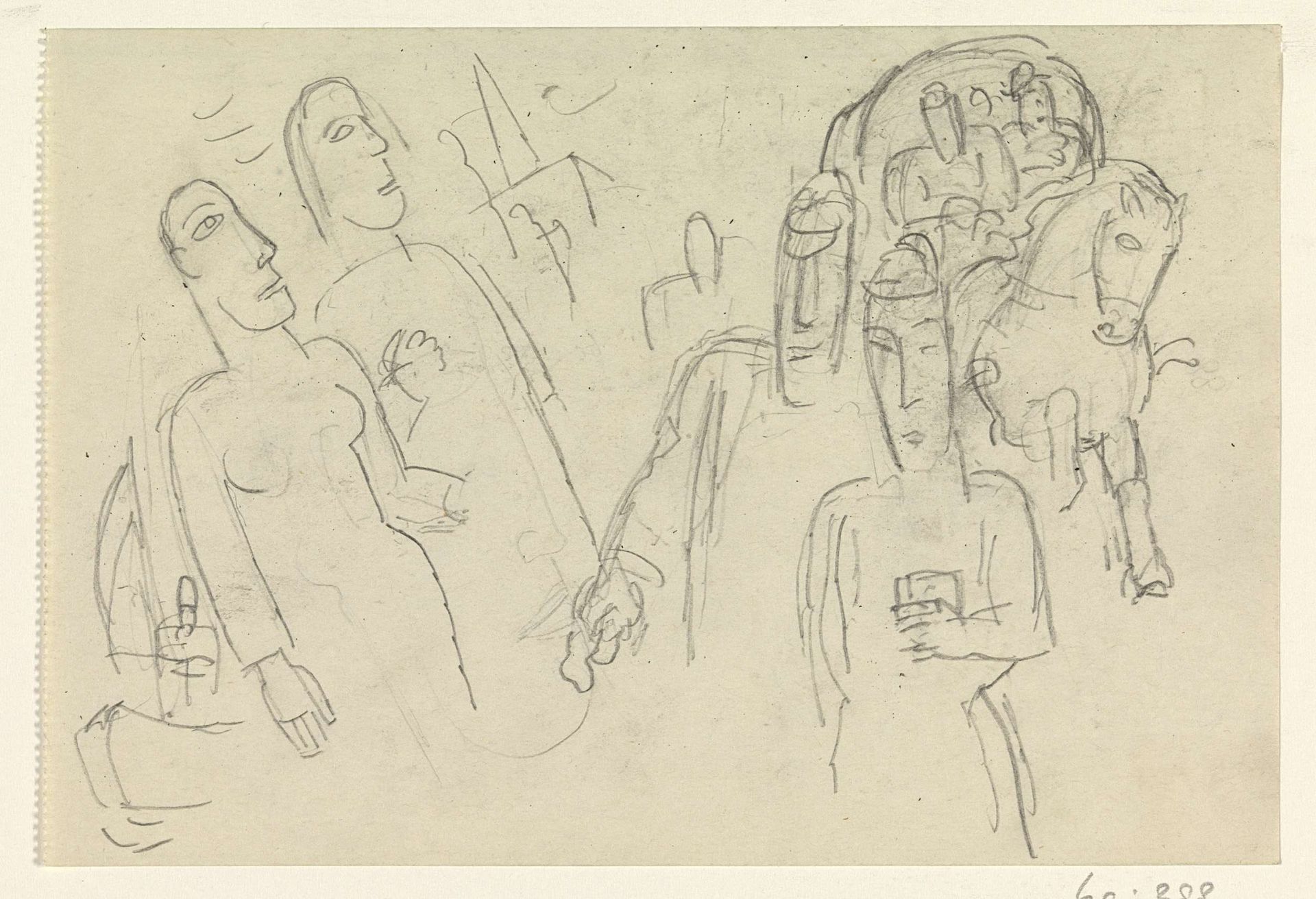 Mensen op straat en een paard met wagen by Leo Gestel