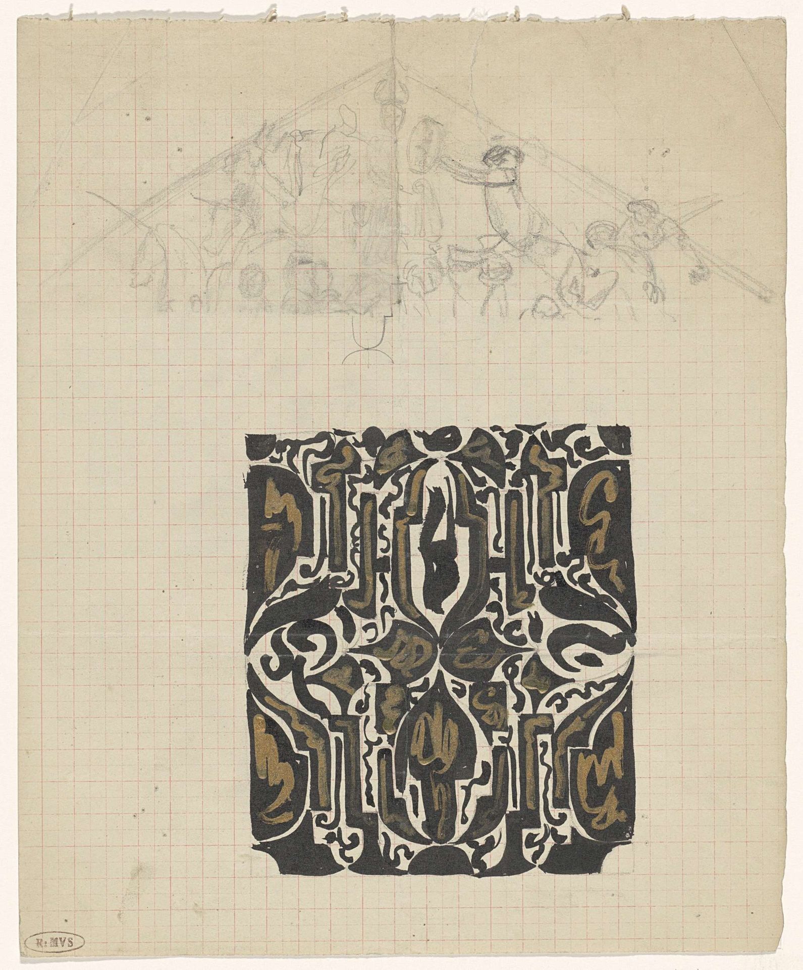Decoratief ontwerp en schets van het front timpaan van het Koninklijk Paleis te Amsterdam by Carel Adolph Lion Cachet