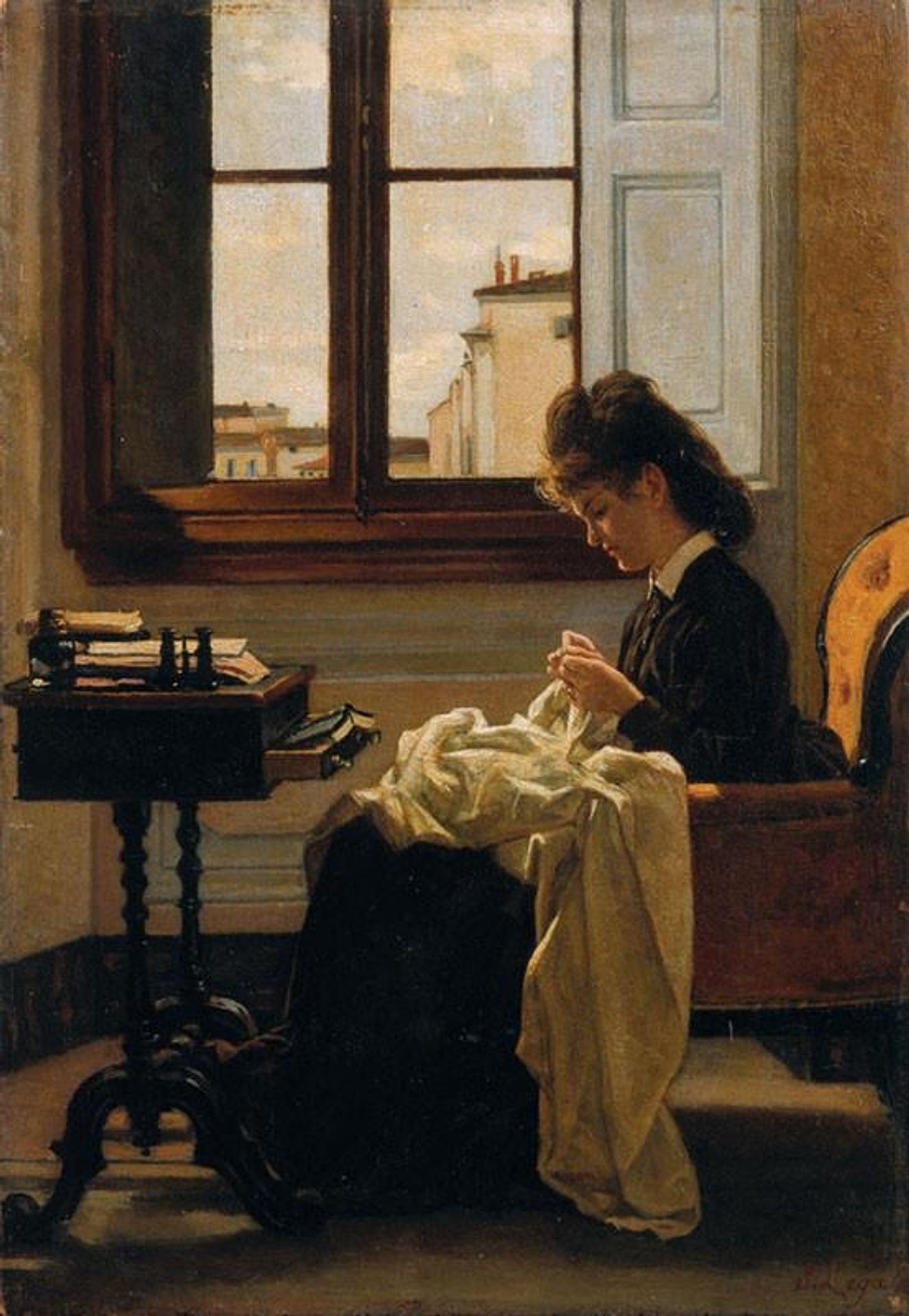 Woman sitting by a window sewing by Silvestro Lega