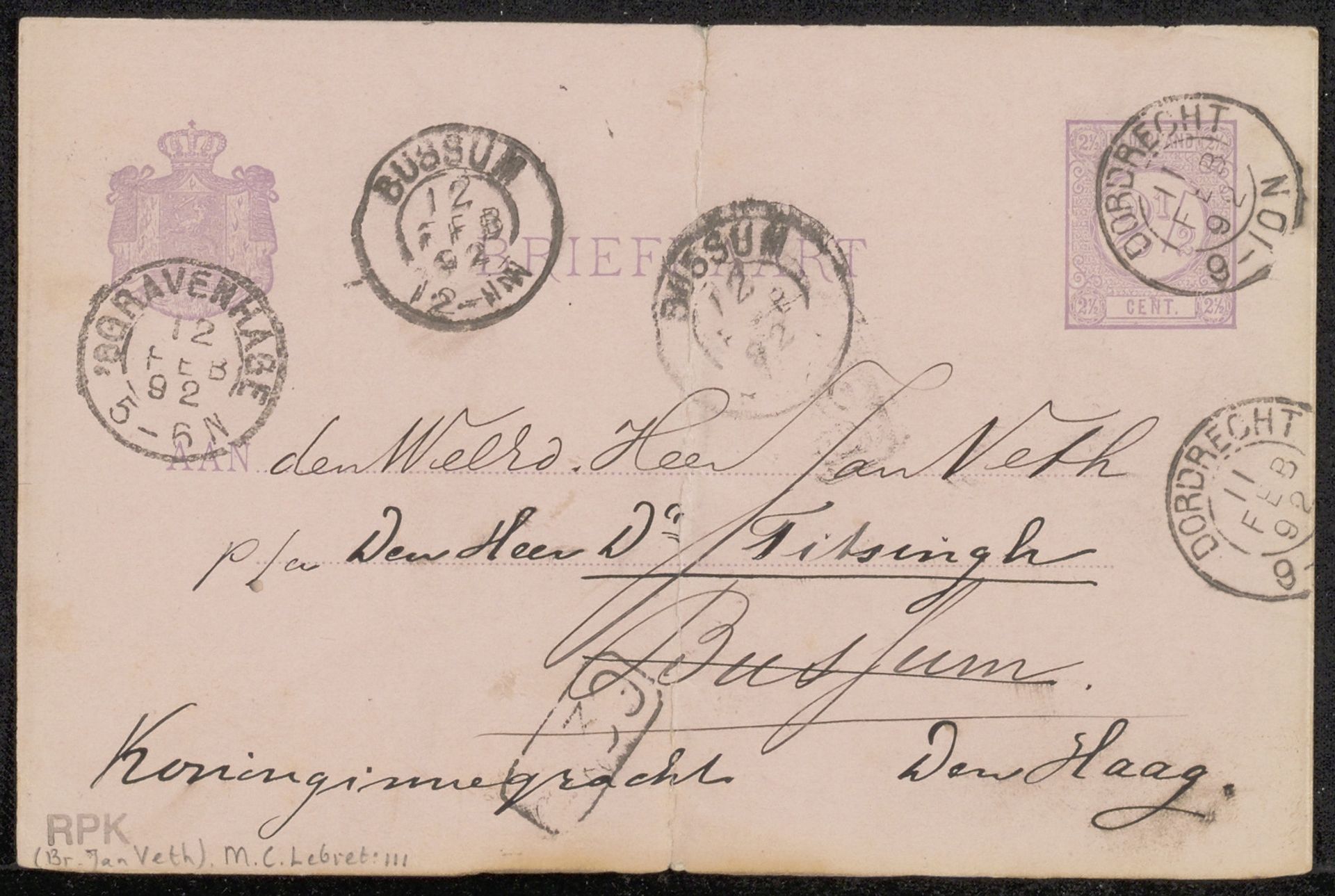 Briefkaart aan Jan Veth by M.C. Lebret