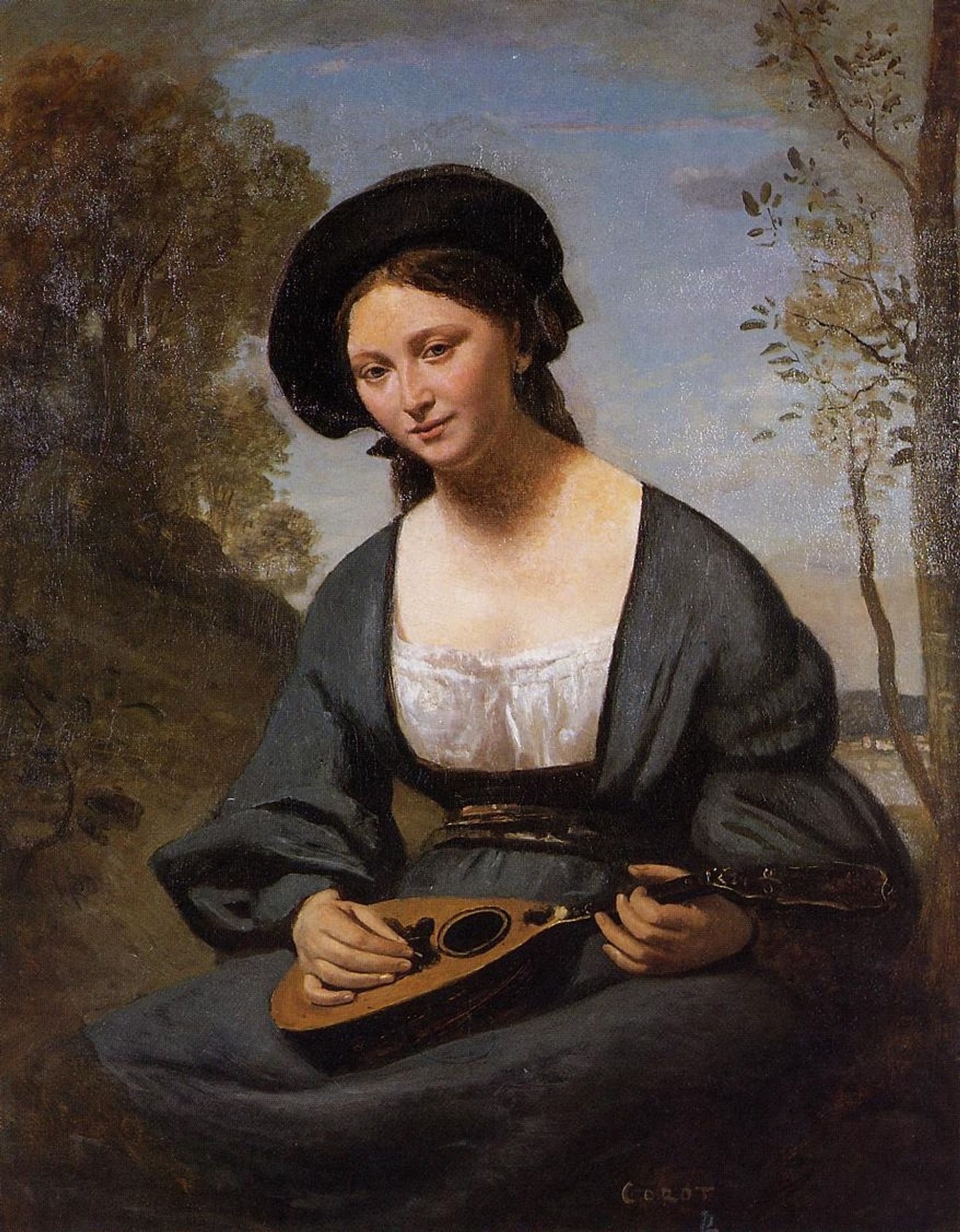 Woman in a Toque with a Mandolin by Camille Corot