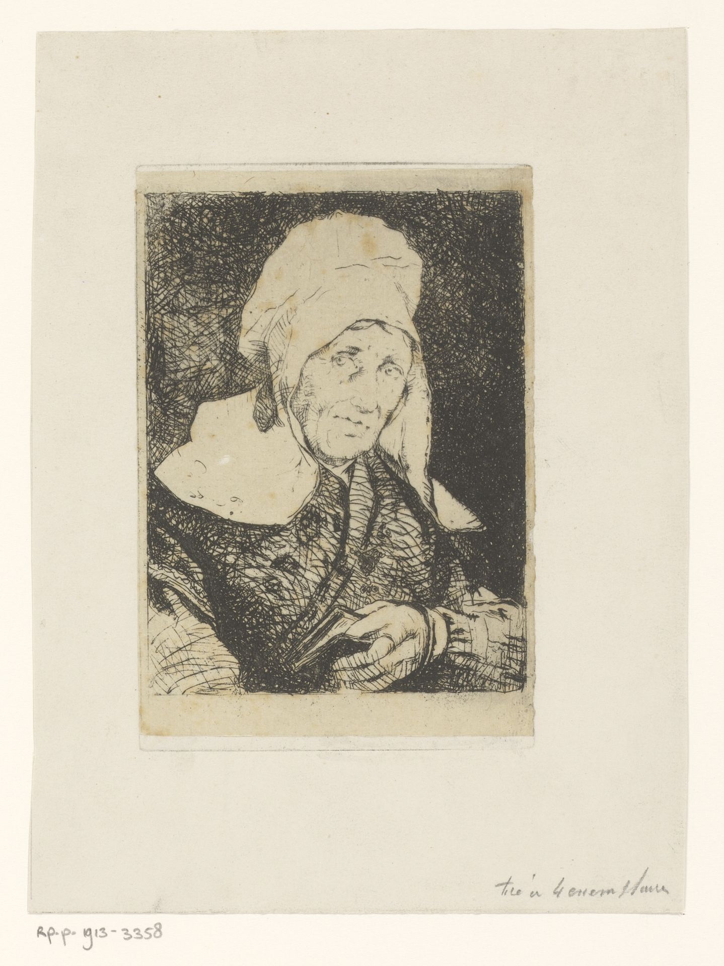Hoofd van een oude vrouw met muts en een boek in haar hand by Piet Verhaert