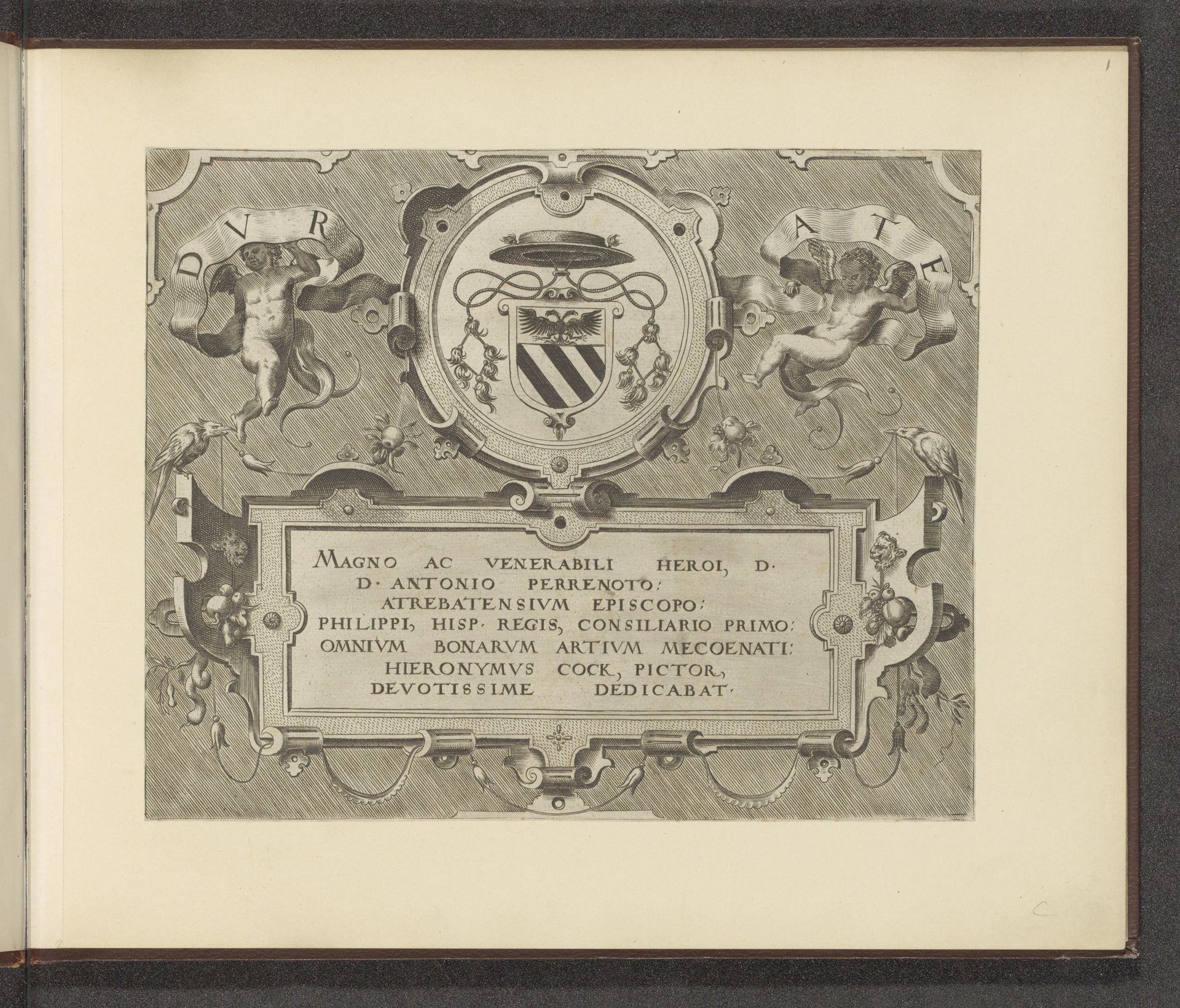 Dubbele rolwerkcartouche met wapenschild van Antoine Perrenot, kardinaal van Granvelle by Anonymous