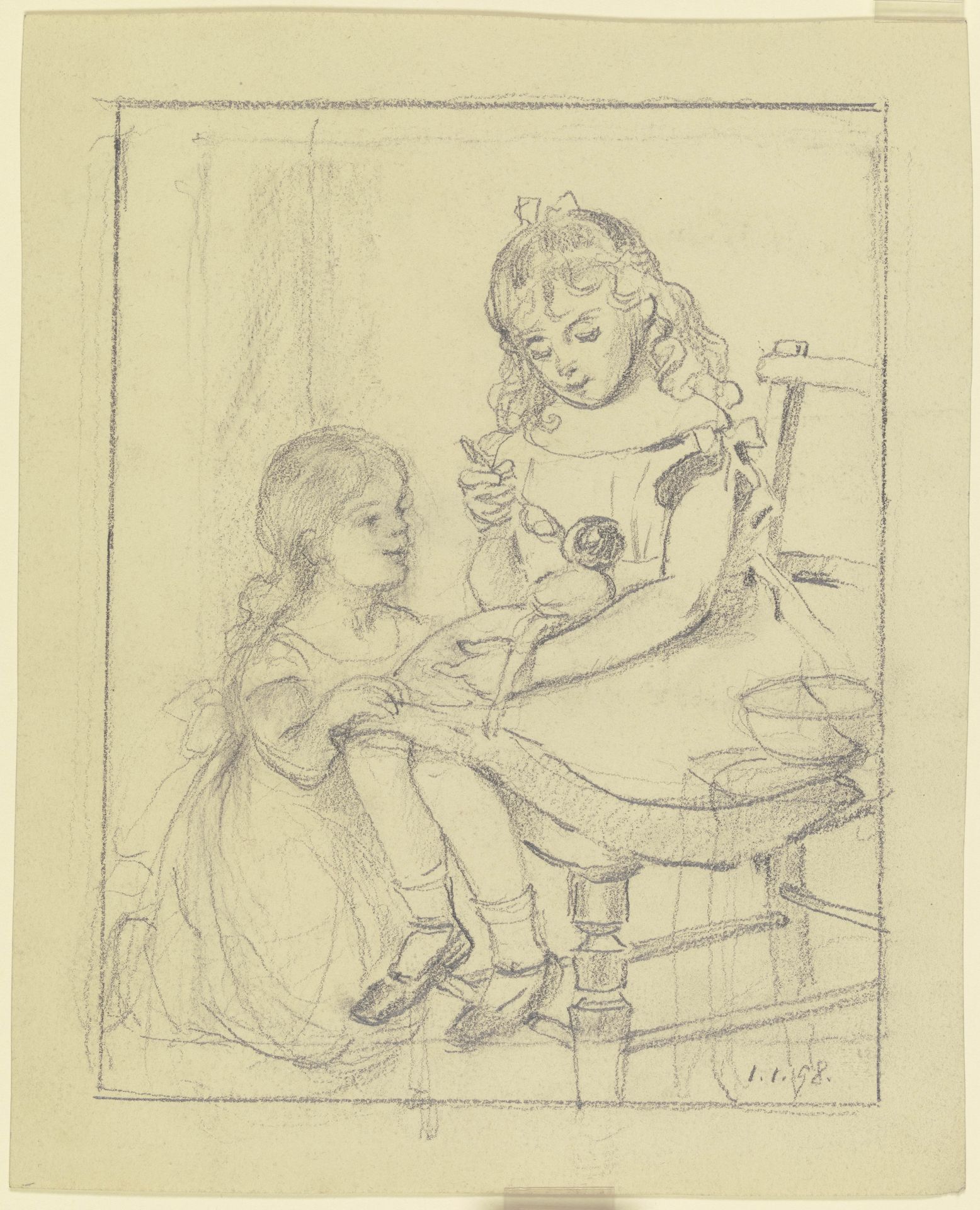 Zwei Kinder füttern eine Puppe by Otto Scholderer