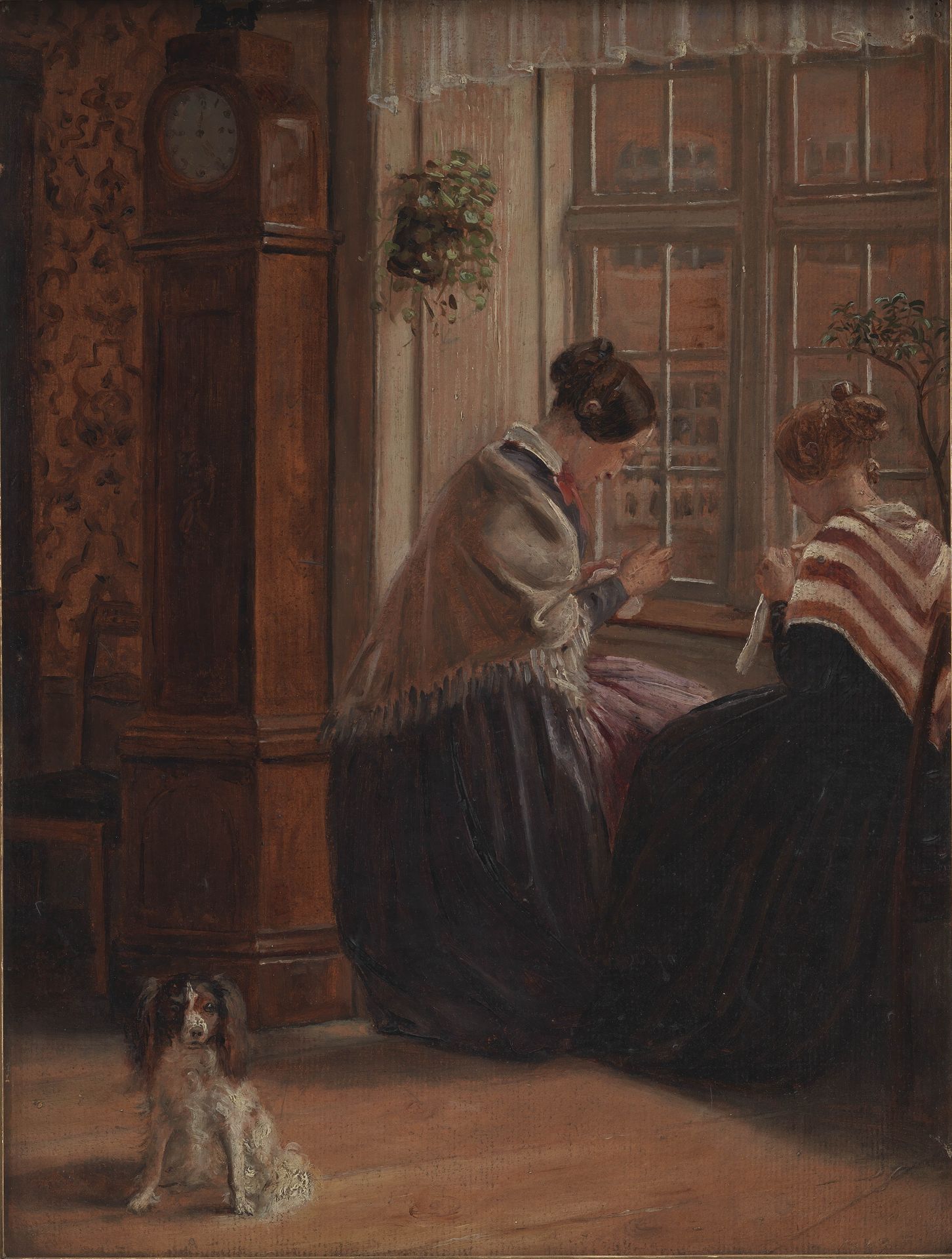 To damer sidder ved et vindue og syr by Christian Rudolph Vogelsang