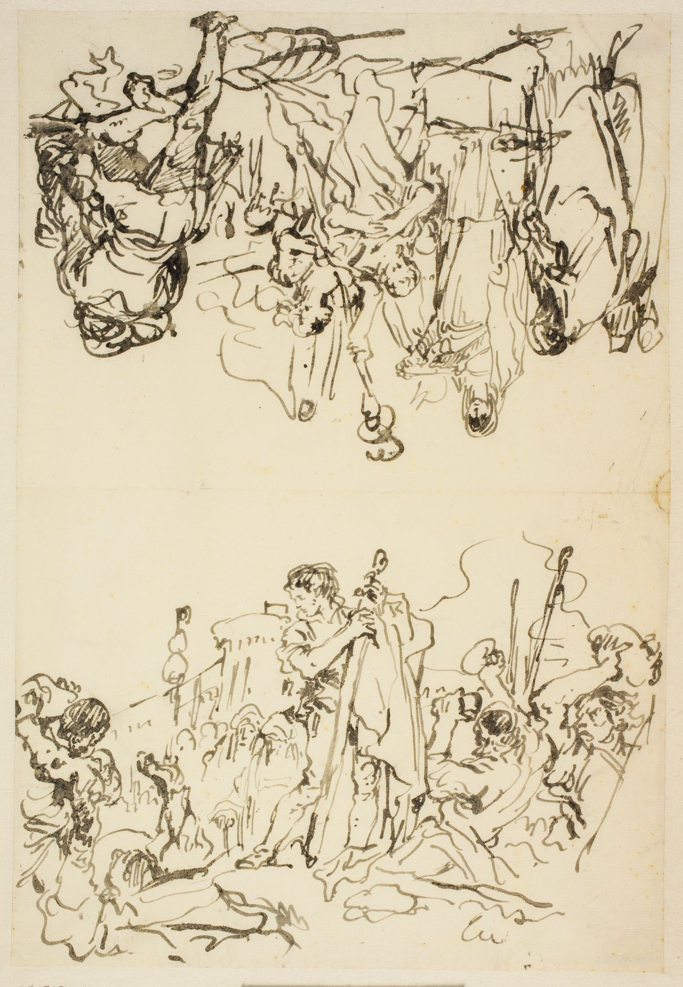 Folded sheet with "The martyrdom of St Stephen and Agrippina landing in Brindisi with the ashes of Germanicus" by Giovanni Domenico Tiepolo