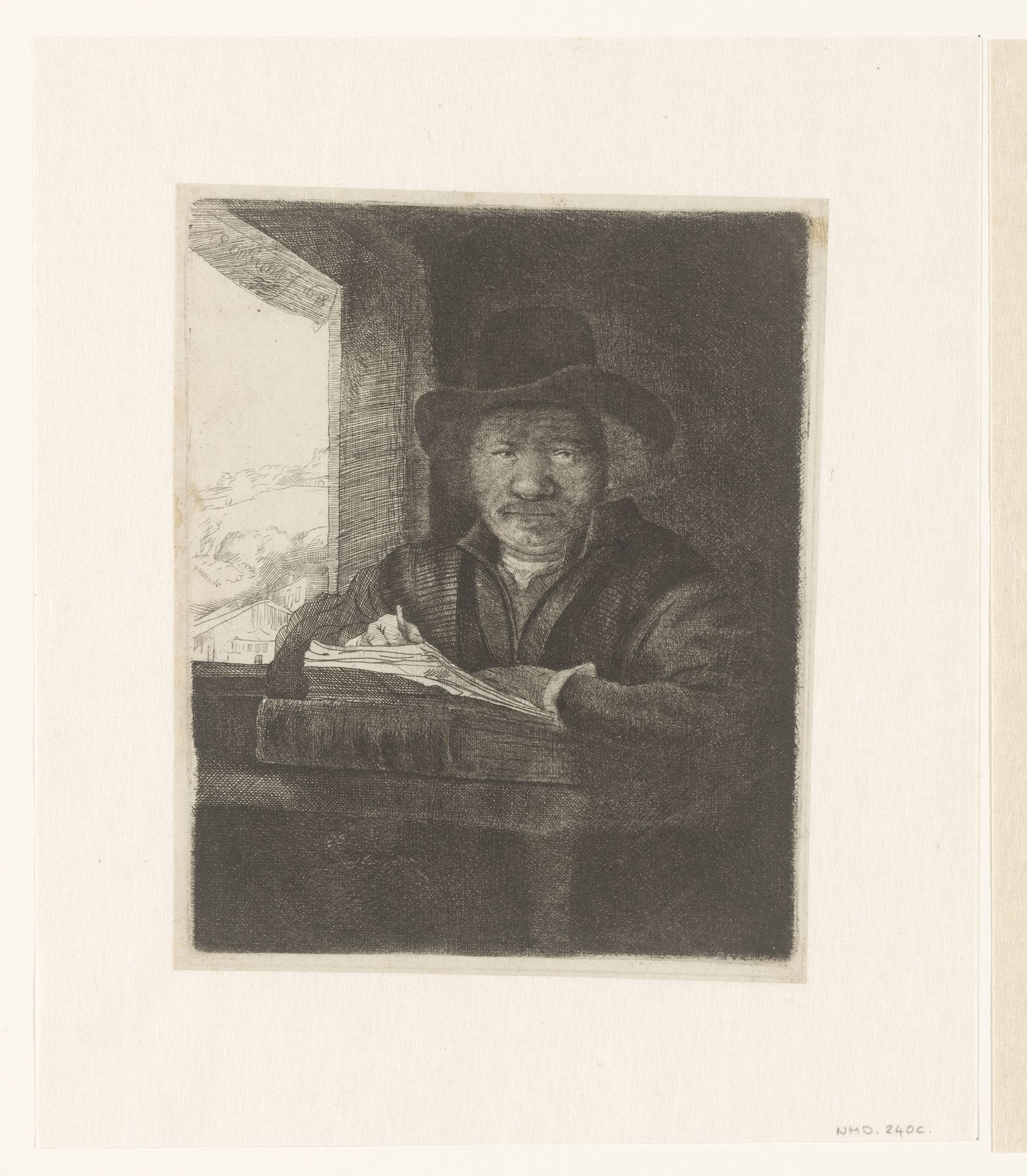 Self-portrait etching at a window by Anonymous