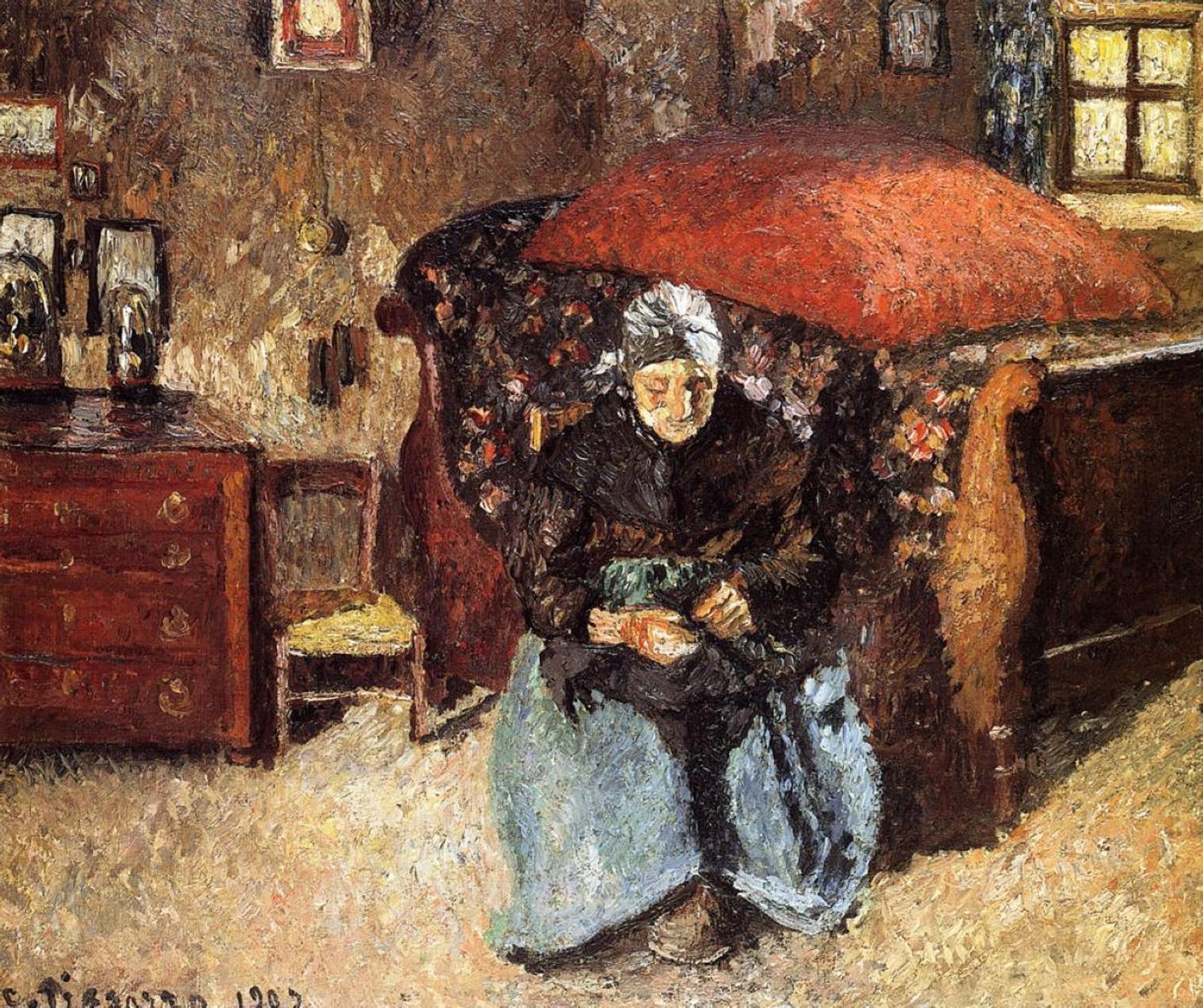 Elderly Woman Mending Old Clothes, Moret by Camille Pissarro