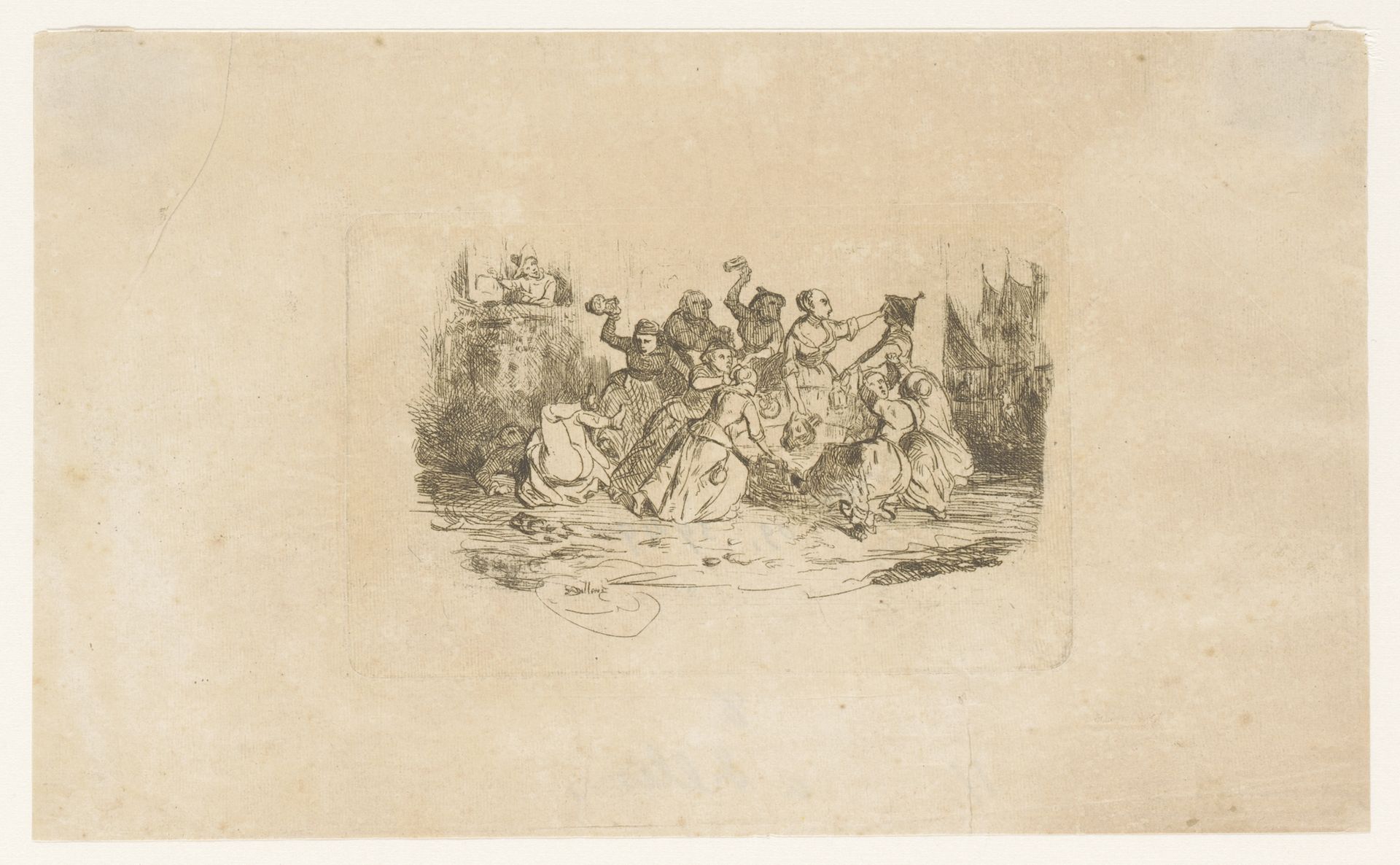 Groep mannen en vrouwen strijden met elkaar bij een waterput by Adolphe Alexandre Dillens