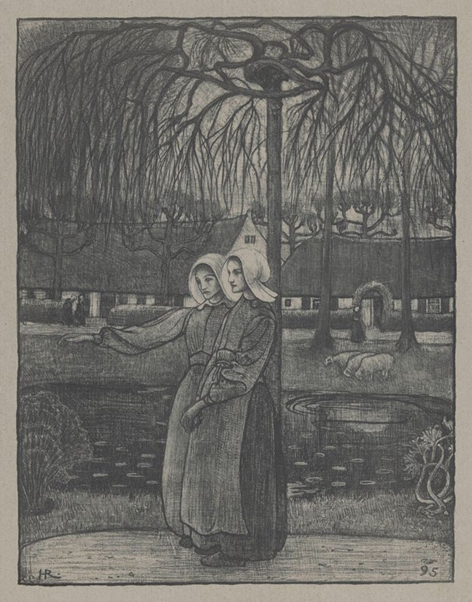 Huizer meisjes bij een vijver by Richard Nicolaüs Roland Holst