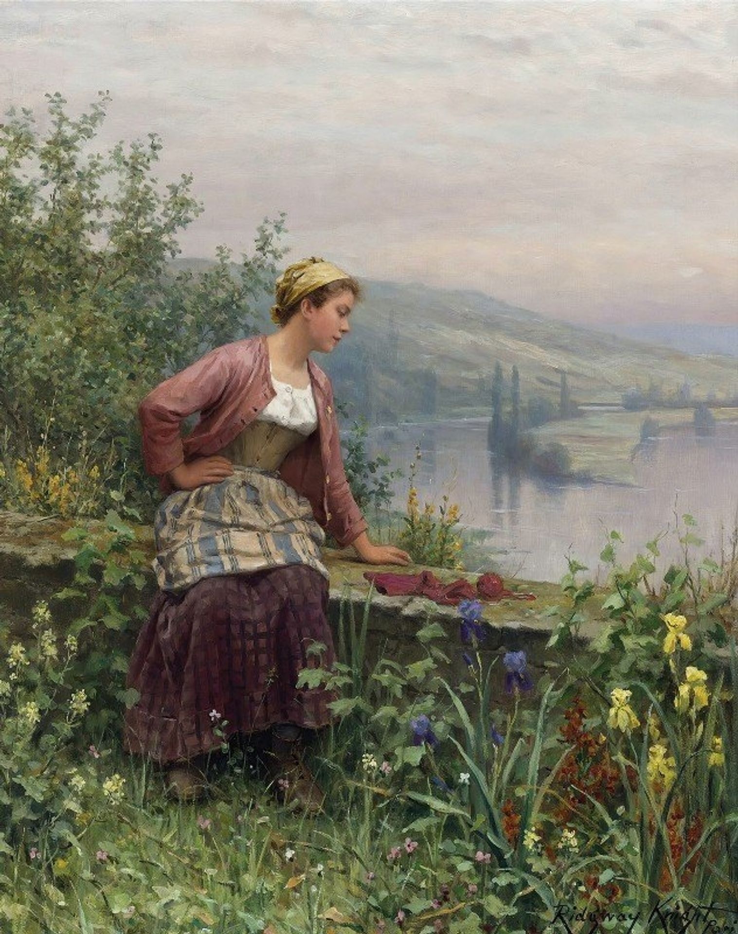 Brittany Girl Overlooking A Stream by Daniel Ridgway Knight