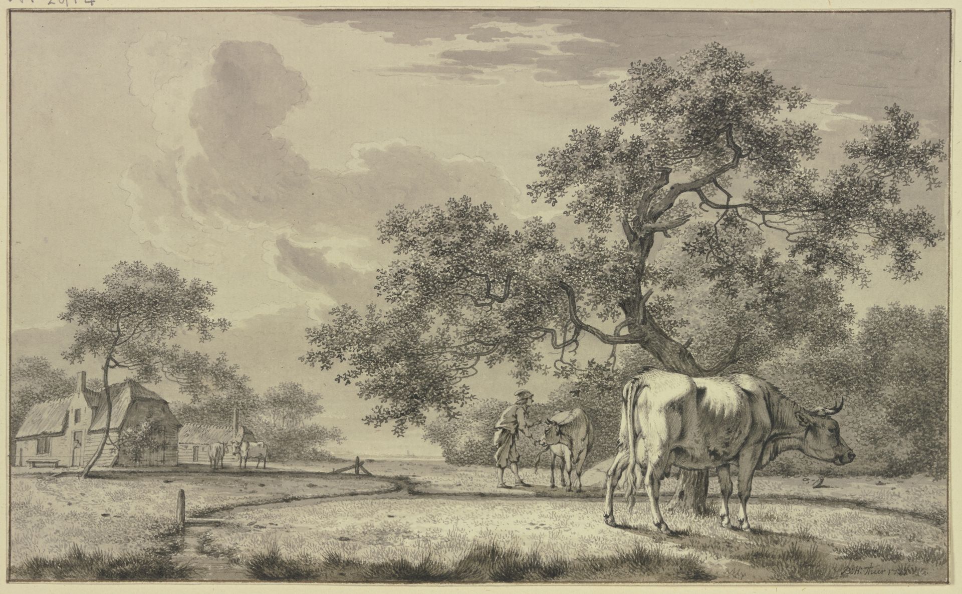 Unter einem Baum ein Bauer bei zwei Kühen by Bernhard Heinrich Thier