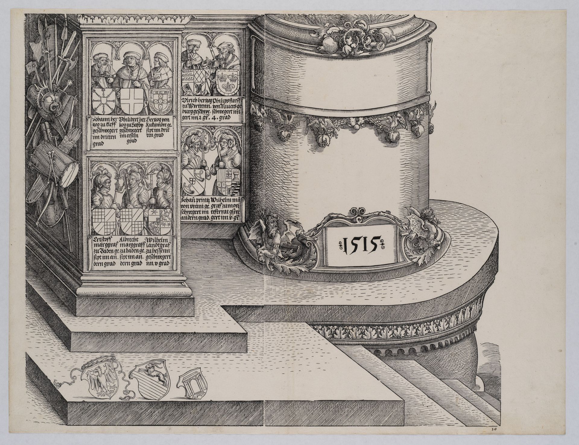 Portraits of Maximilian's Relatives; and The Base of the Right Outer Column with the Date 1515, from the Arch of Honor, proof, dated 1515, printed 1517-18 by Albrecht Altdorfer