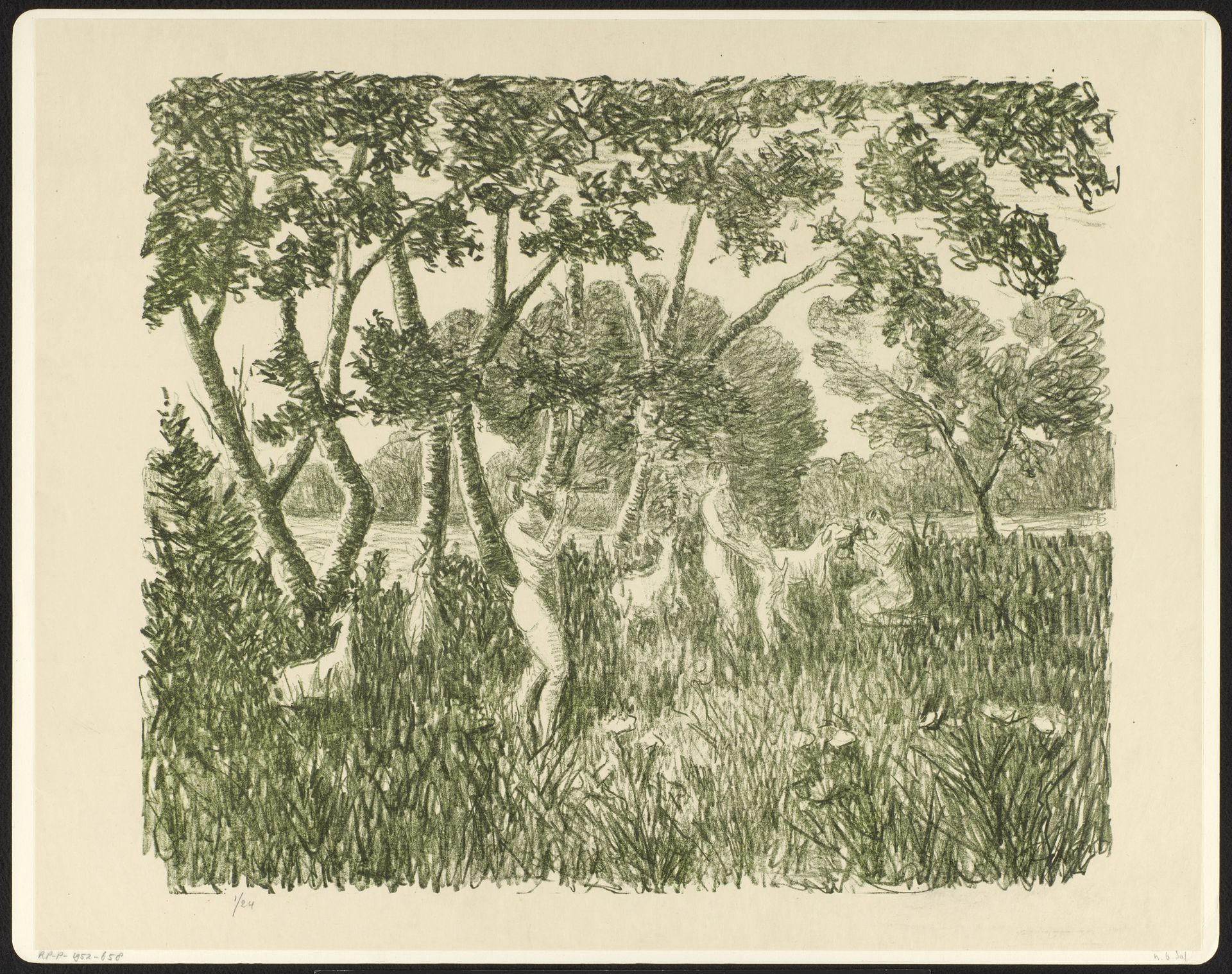 Pan met twee menselijke wezens en dieren in een landschap met verspreide bomen by Ker Xavier Roussel