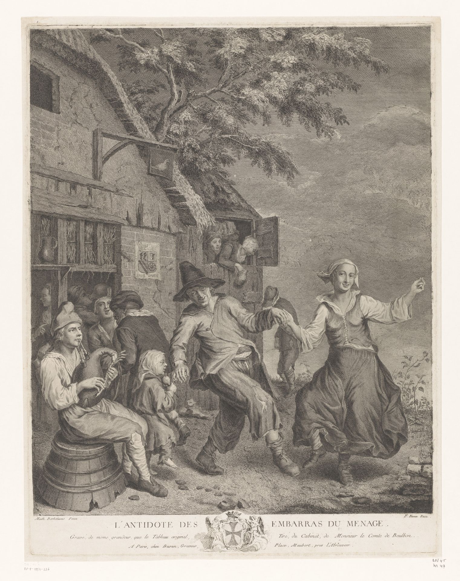 Dansend paar voor een herberg by Pierre François Basan