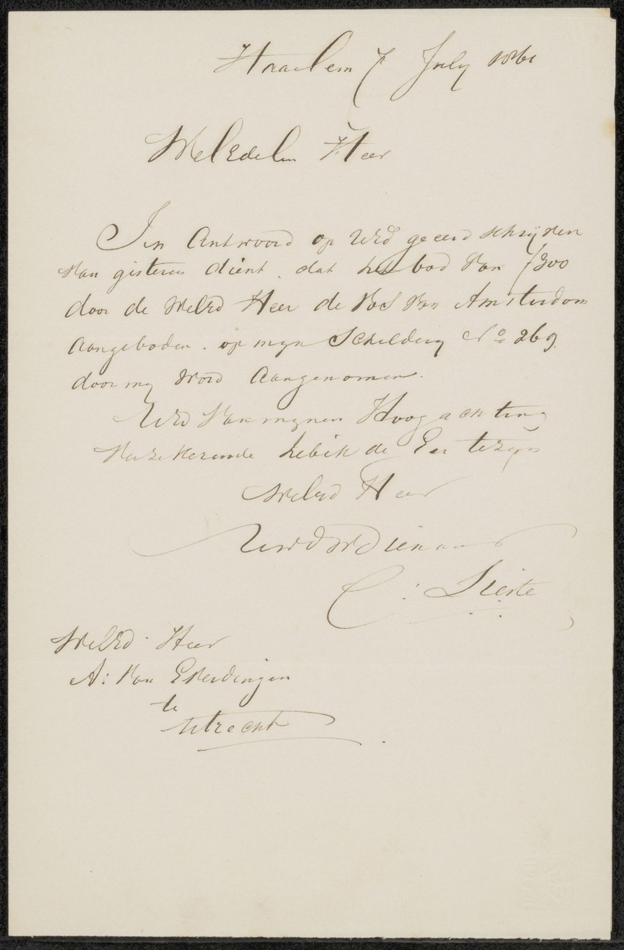 Brief aan Adrianus van Everdingen by Cornelis Lieste