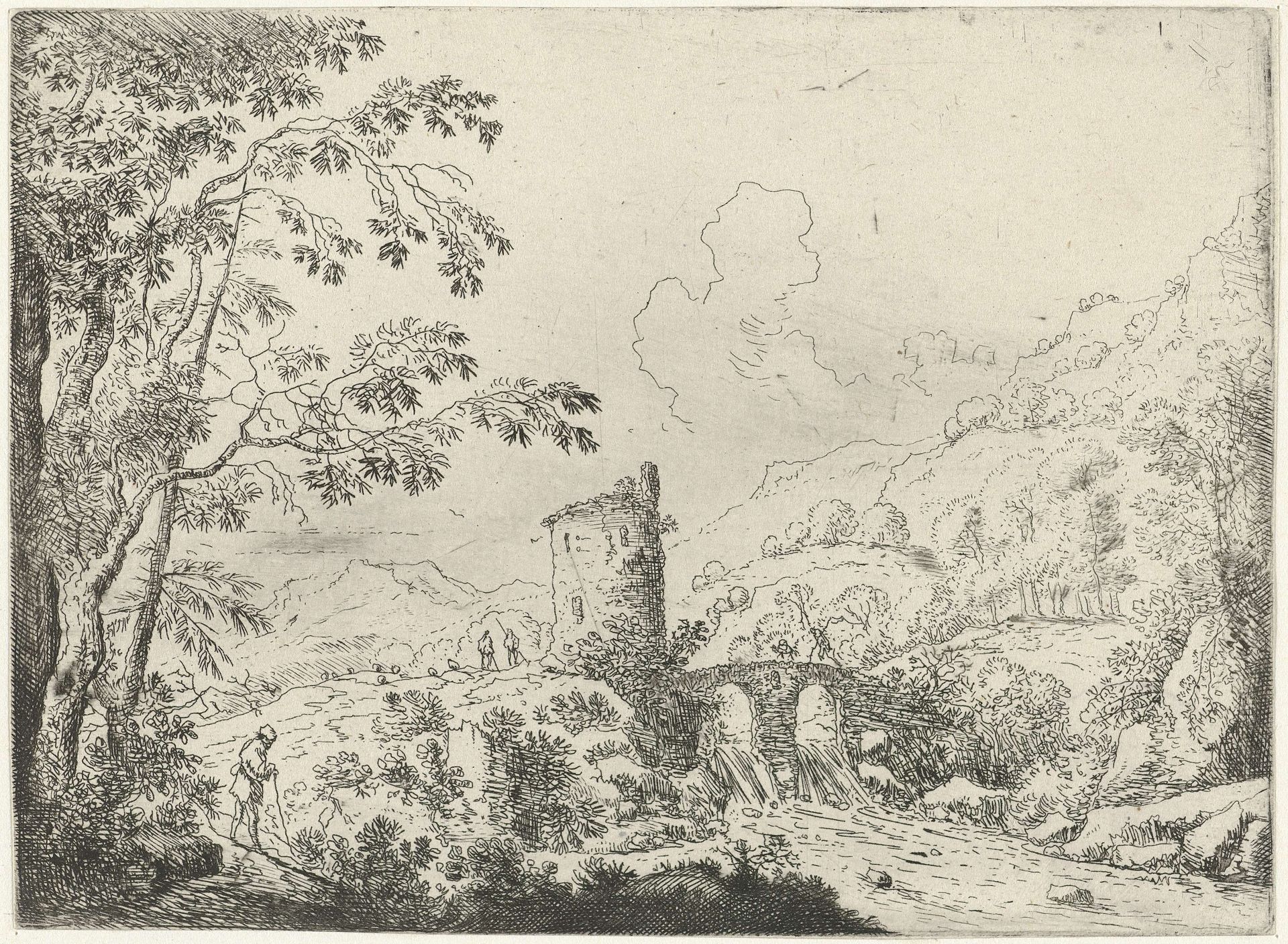 Landschap met een brug en een toren by Cornelis Matthieu