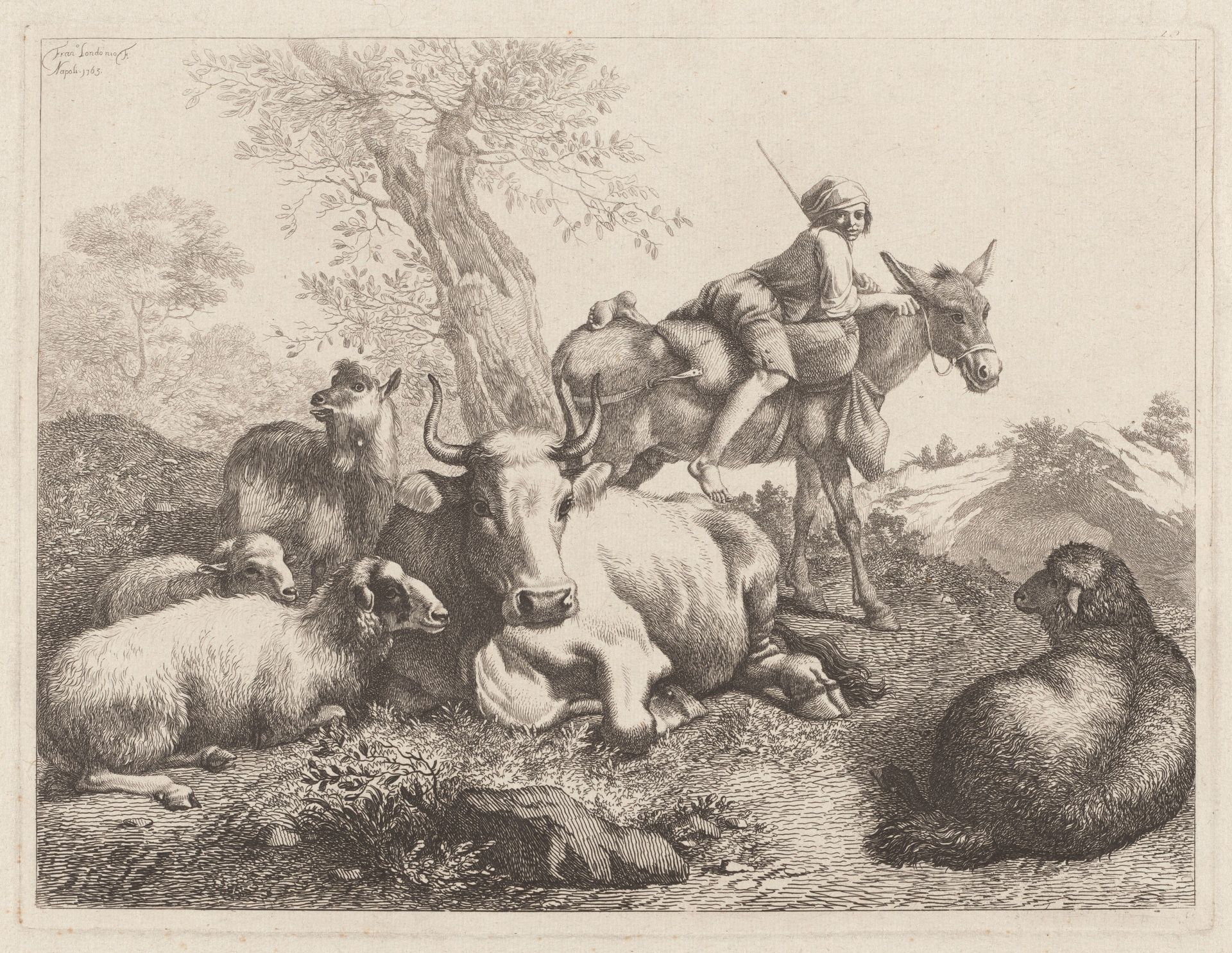 Boy on a Donkey Watching over a Group of Animals by Francesco Londonio
