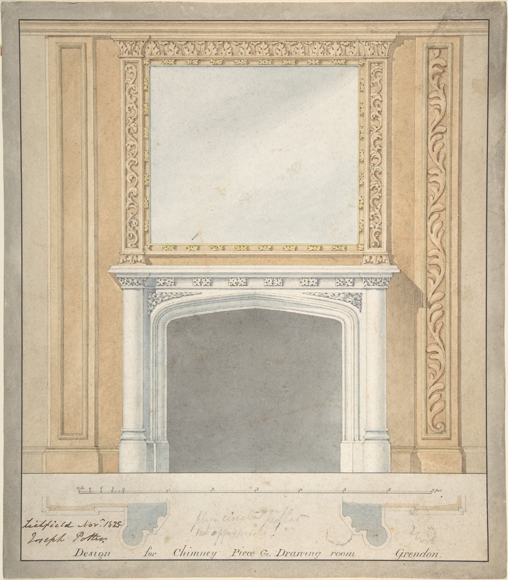 Design for a Chimney Piece in a "Jacobethan" style, for the Drawingroom at Grendon Hall, Warwickshire by Joseph Potter