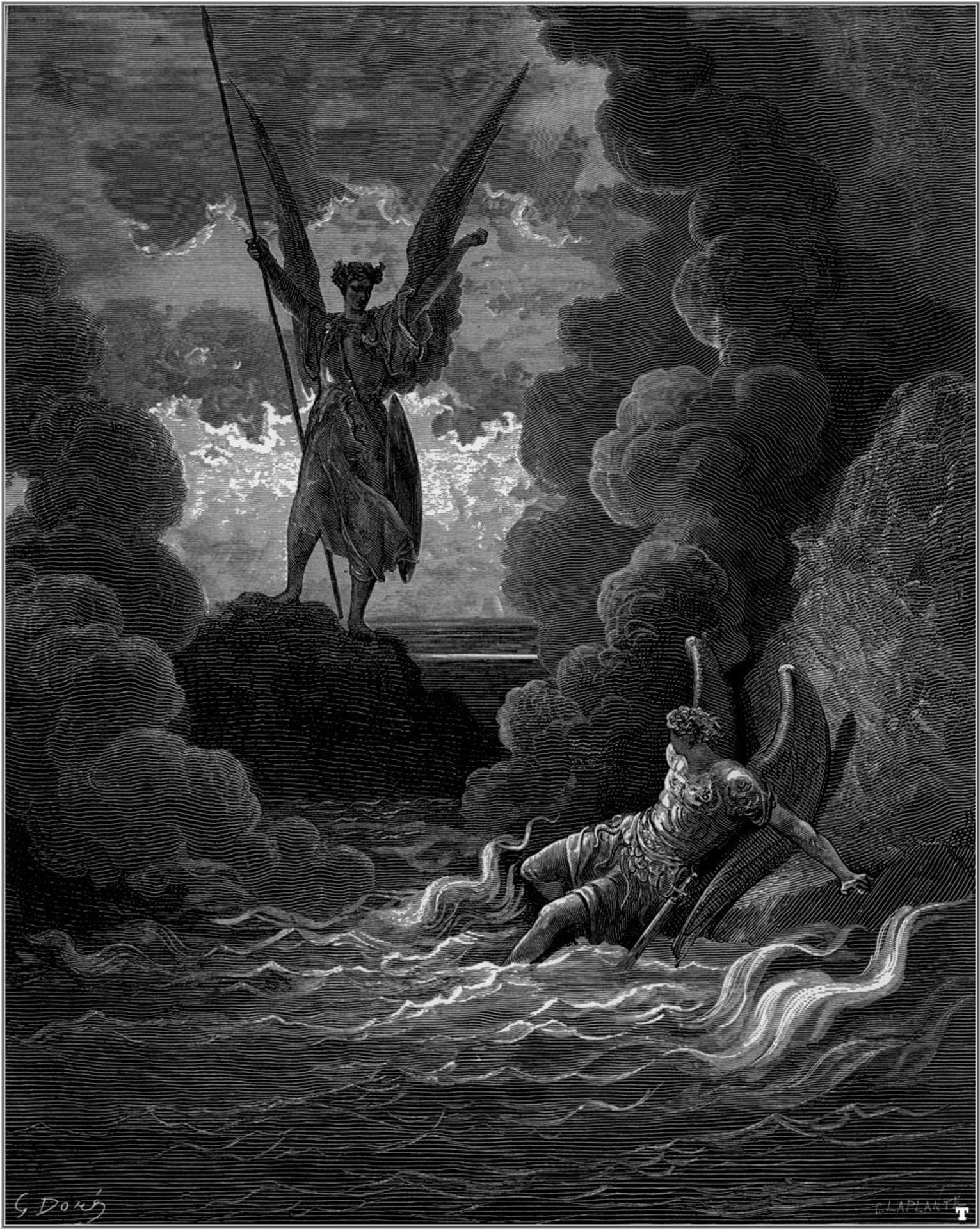 Forthwith upright he rears from off the pool His mighty stature by Gustave Dore