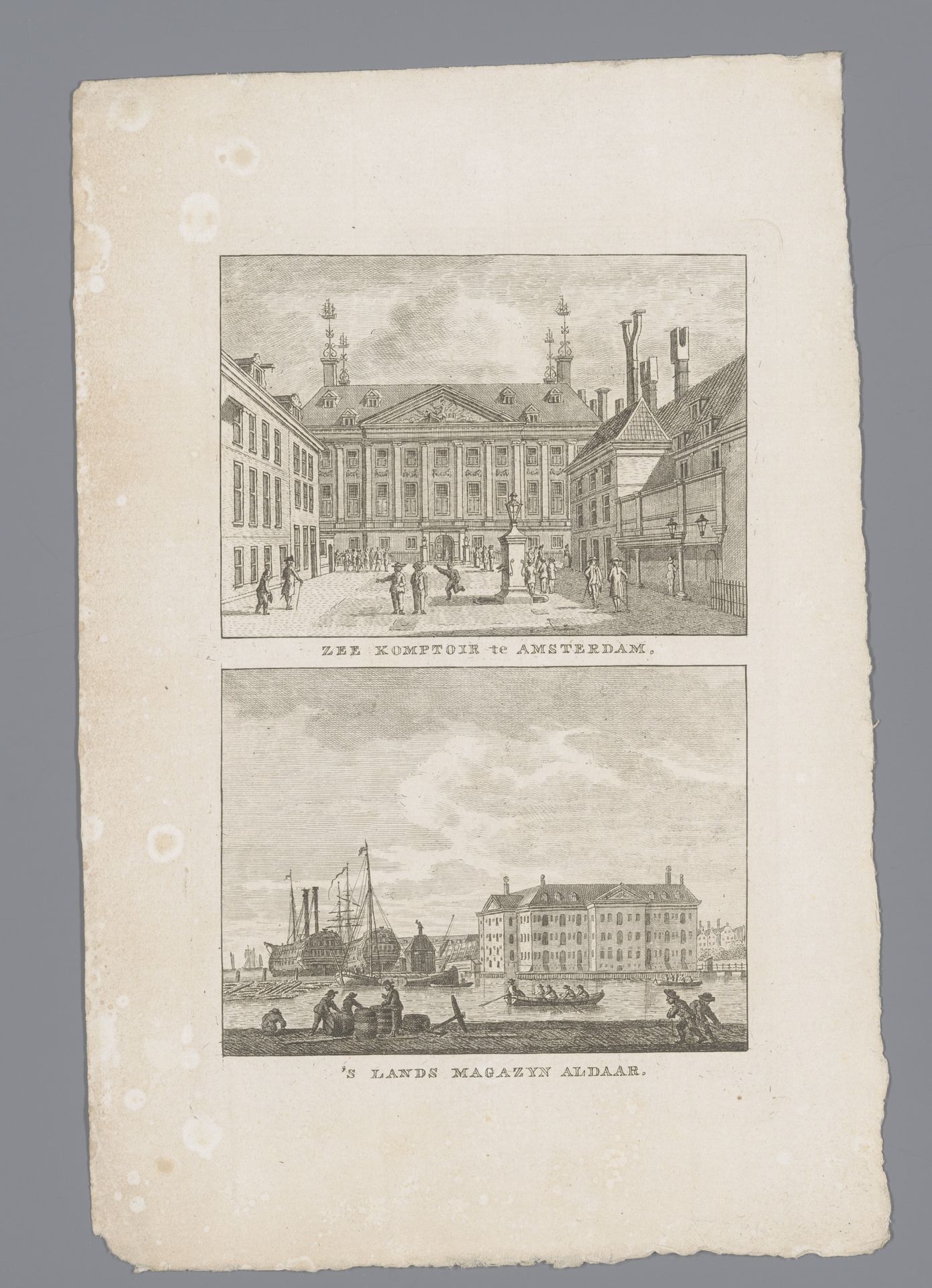 Twee stadsgezichten te Amsterdam met binnenplaats van het Admiraliteitshof of Prinsenhof en het 's Land Zeemagazijn by Carel Frederik (I) Bendorp