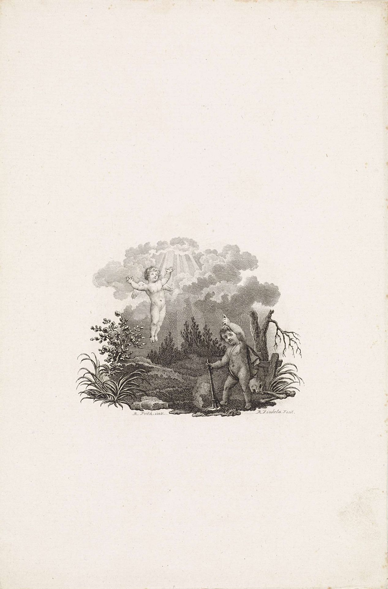 Zwevende putto en een putto met een gedoofde fakkel by Reinier Vinkeles