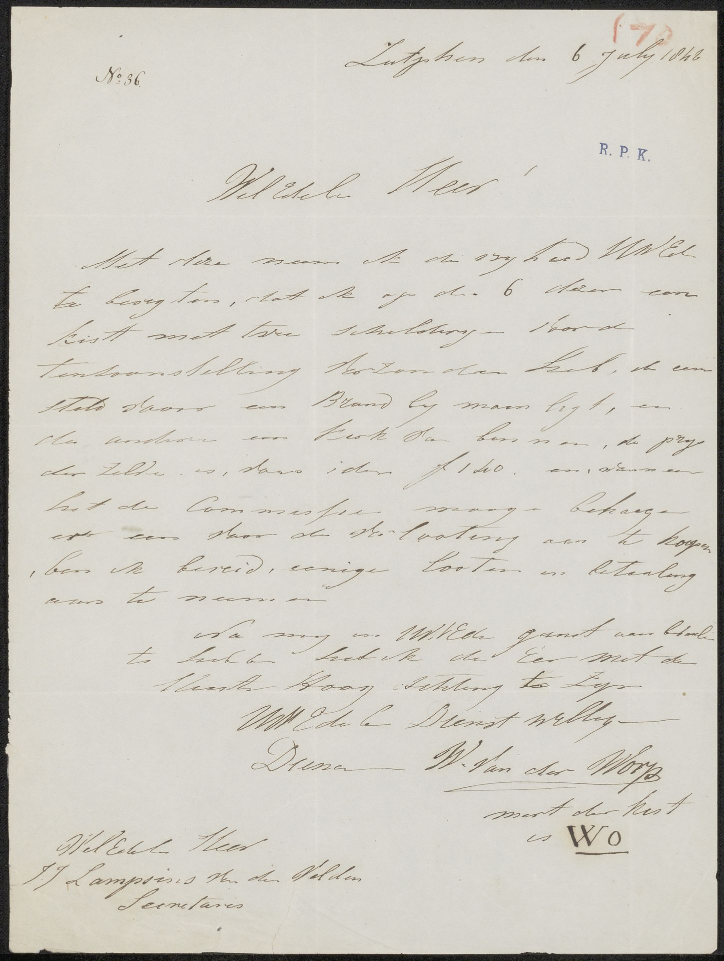 Brief aan Jan Jacob Lampsins van den Velden by Willem van der Worp
