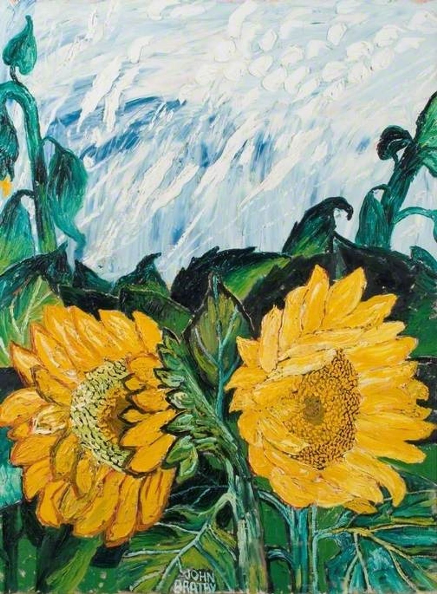 Sunflowers and Sun-Crossed Sky in Summer by John Bratby