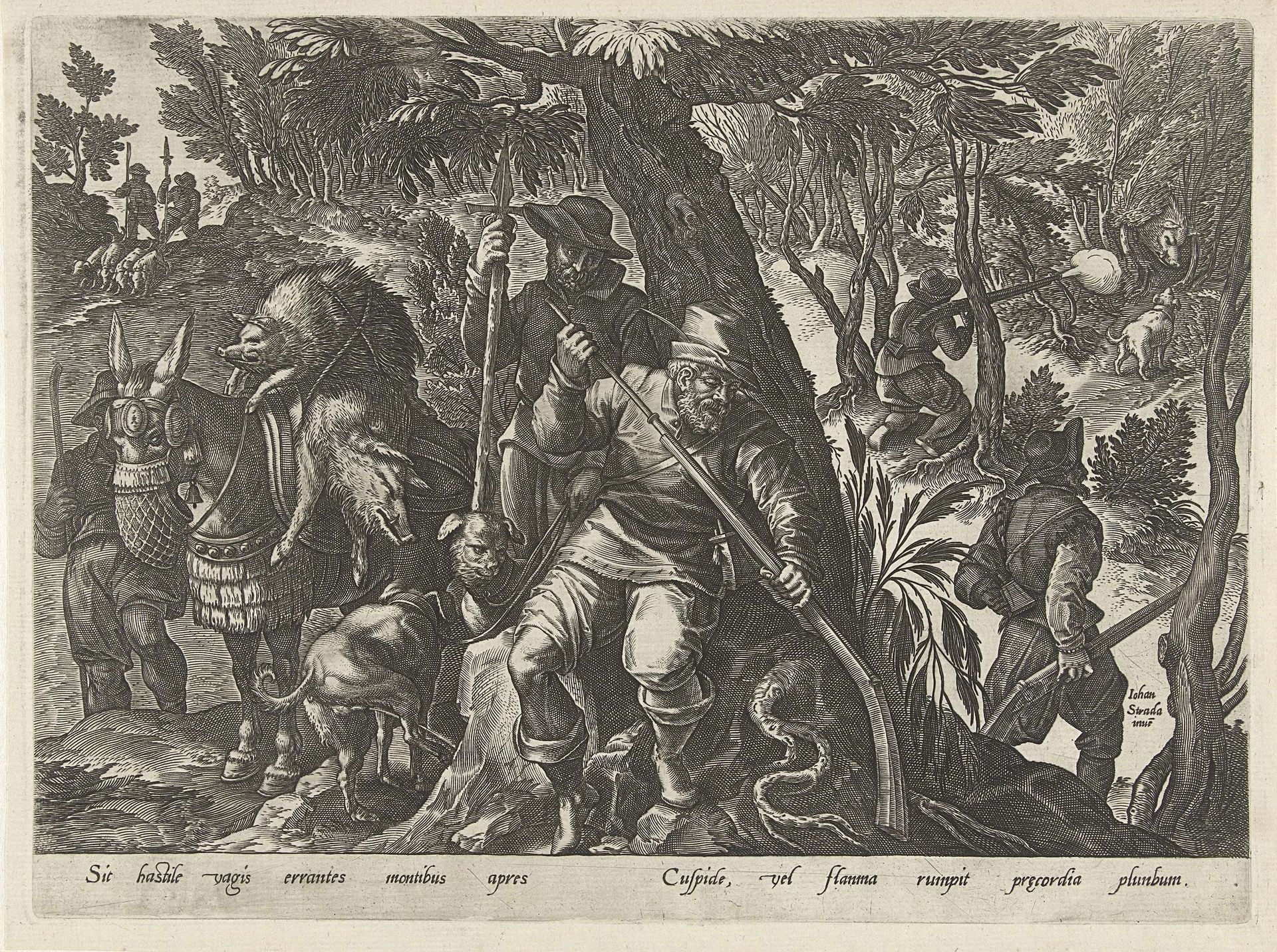 Zwijnenjacht met geweren by Philips Galle
