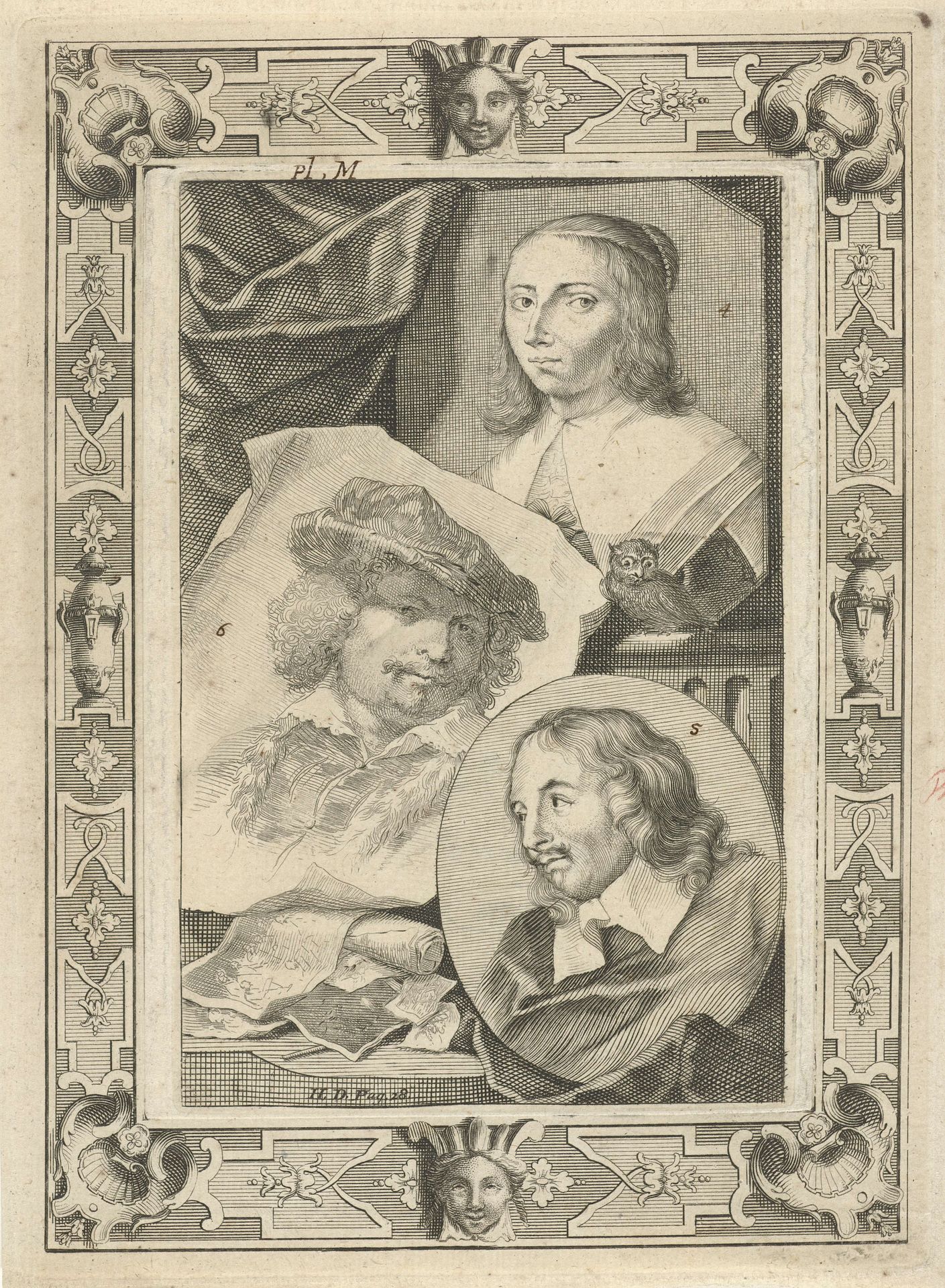Portretten van Anna Maria van Schurman, Jacob Adriaensz. Backer en Rembrandt Harmensz. van Rijn by Jacob Houbraken