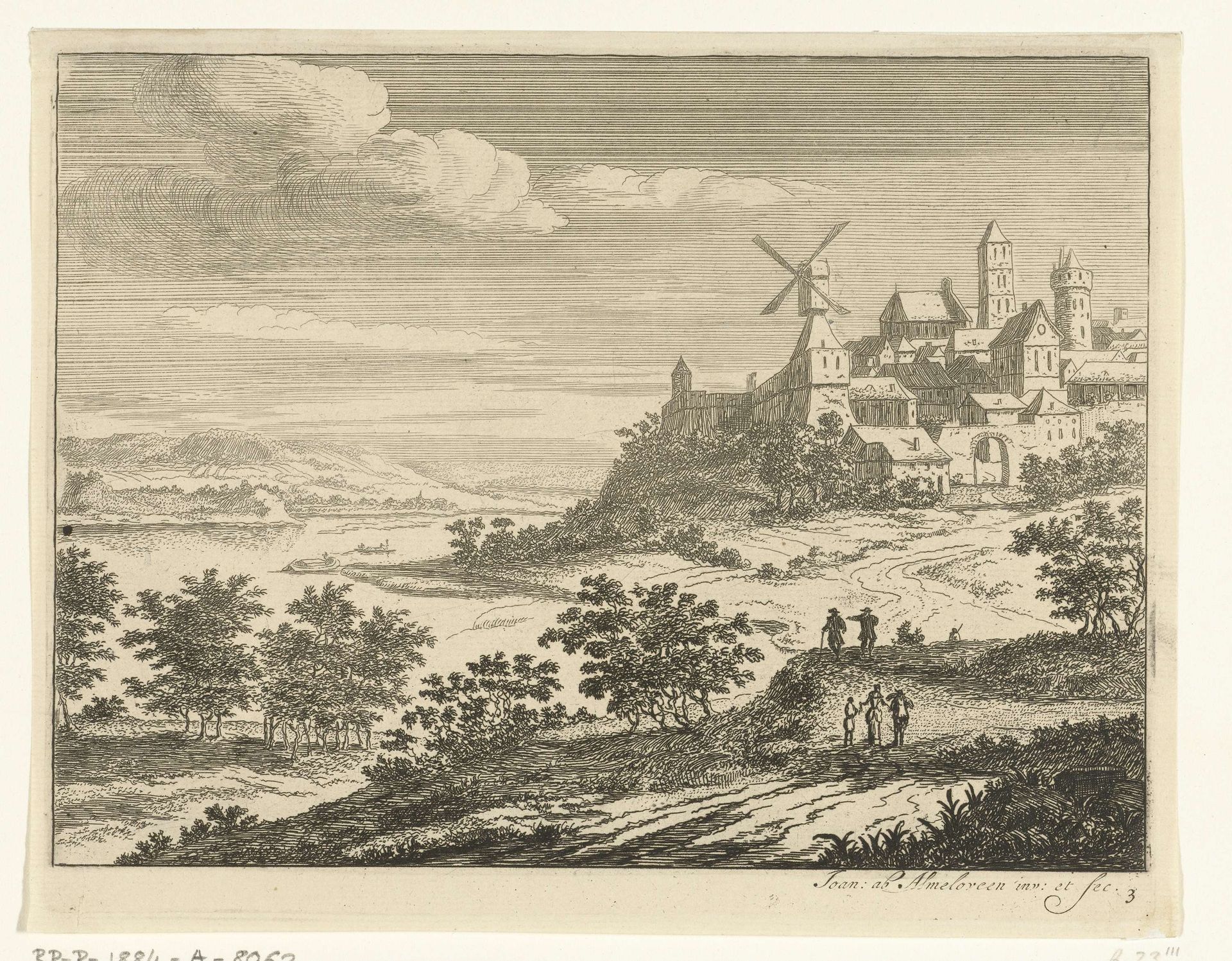 Rivierlandschap met stadsgezicht by Jan van Almeloveen