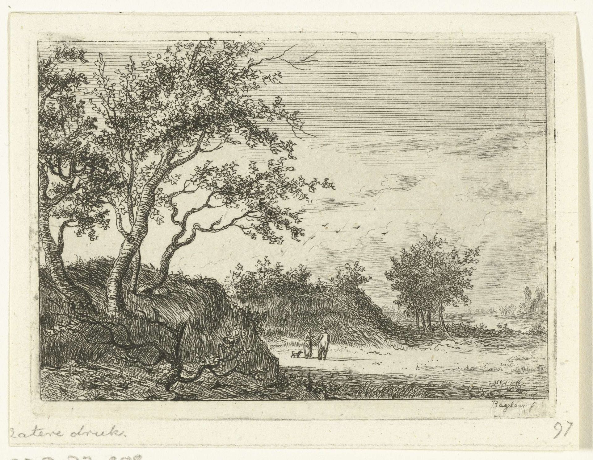 Duinlandschap met man, vrouw en hond by Ernst Willem Jan Bagelaar