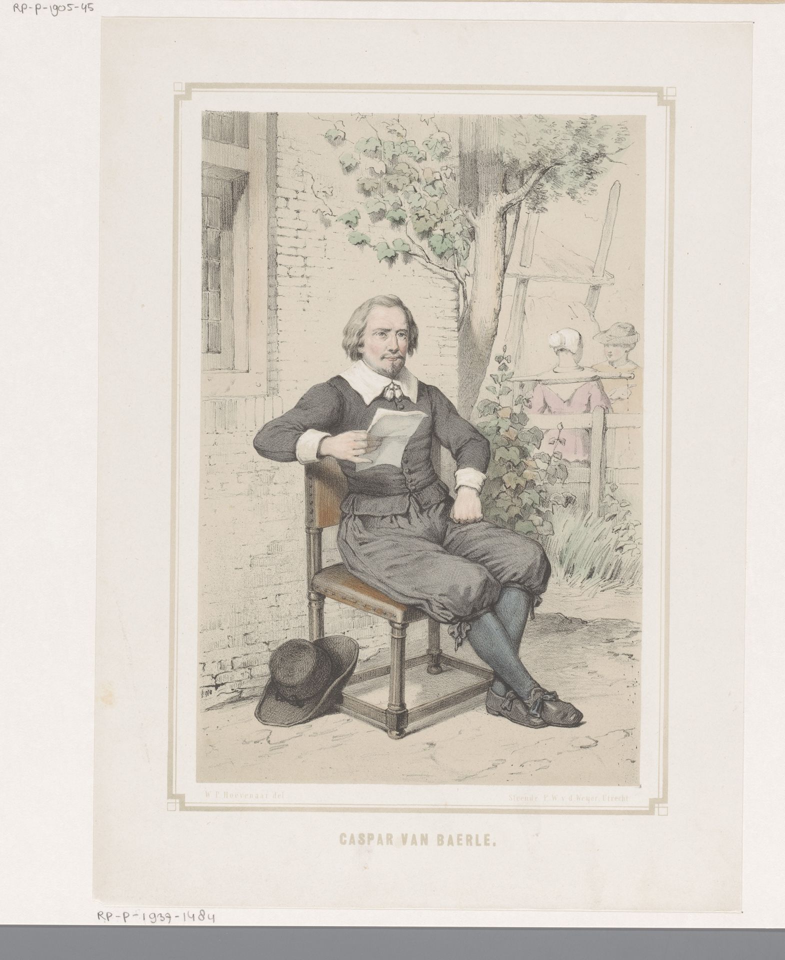 Caspar van Baerle op een stoel voor een huis by Willem Pieter Hoevenaar