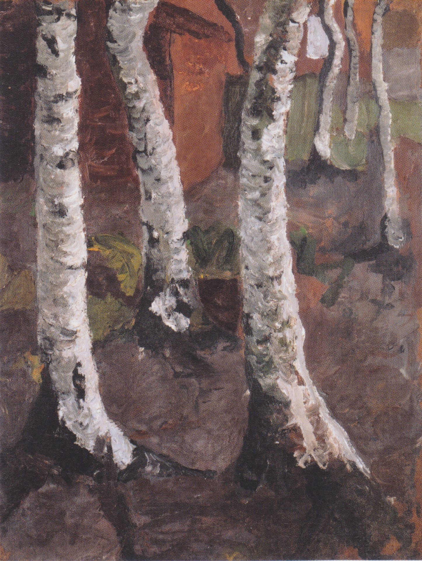Birch trunks in front of red farmstead by Paula Modersohn-Becker