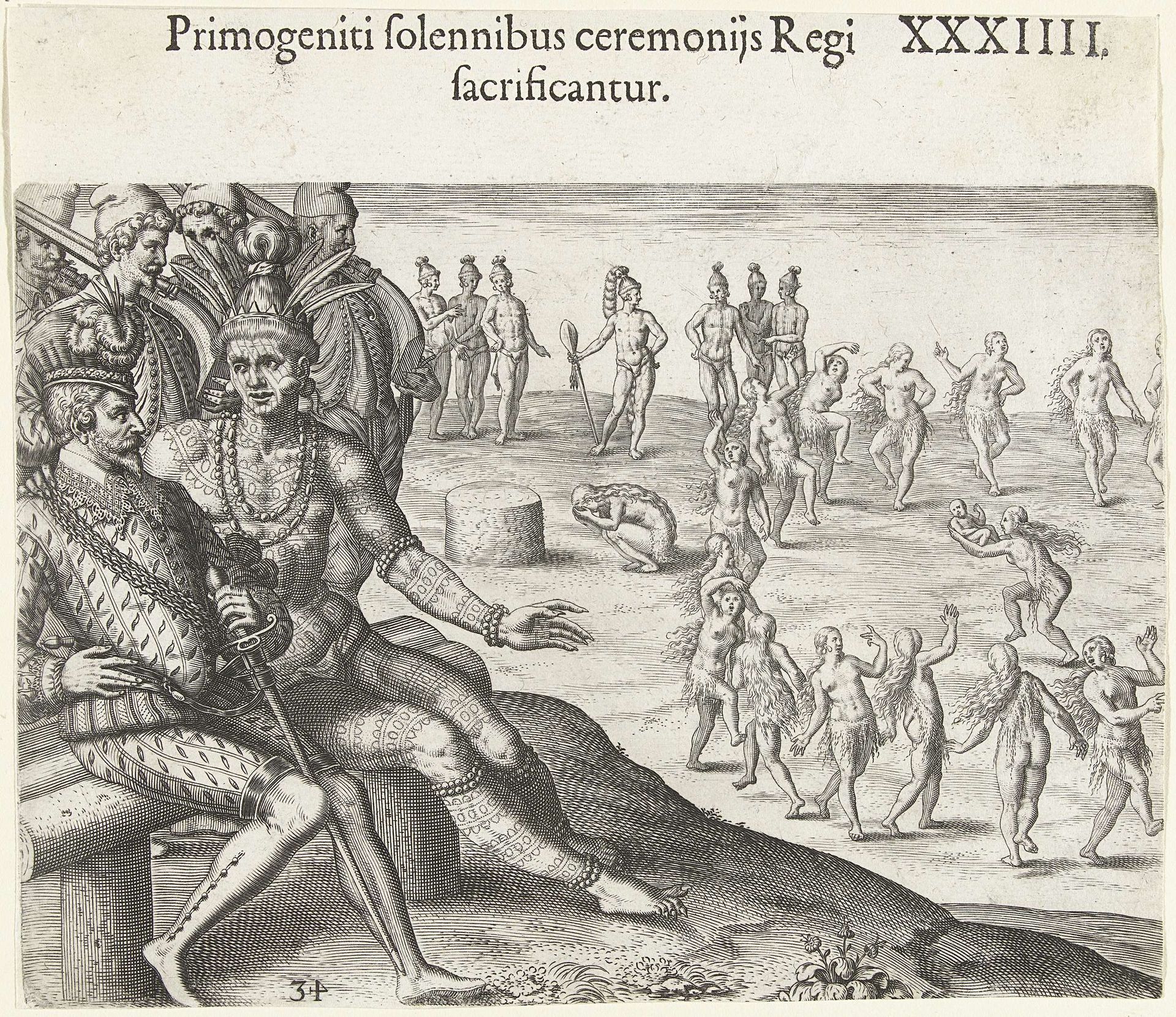 Ceremonie waarbij een eerstgeboren kind aan de koning wordt geofferd by Theodor de Bry