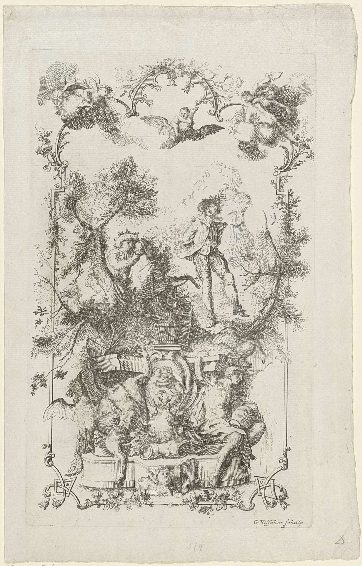 Figuren in een landschap, monument en putti op wolken by Gerrit Visscher