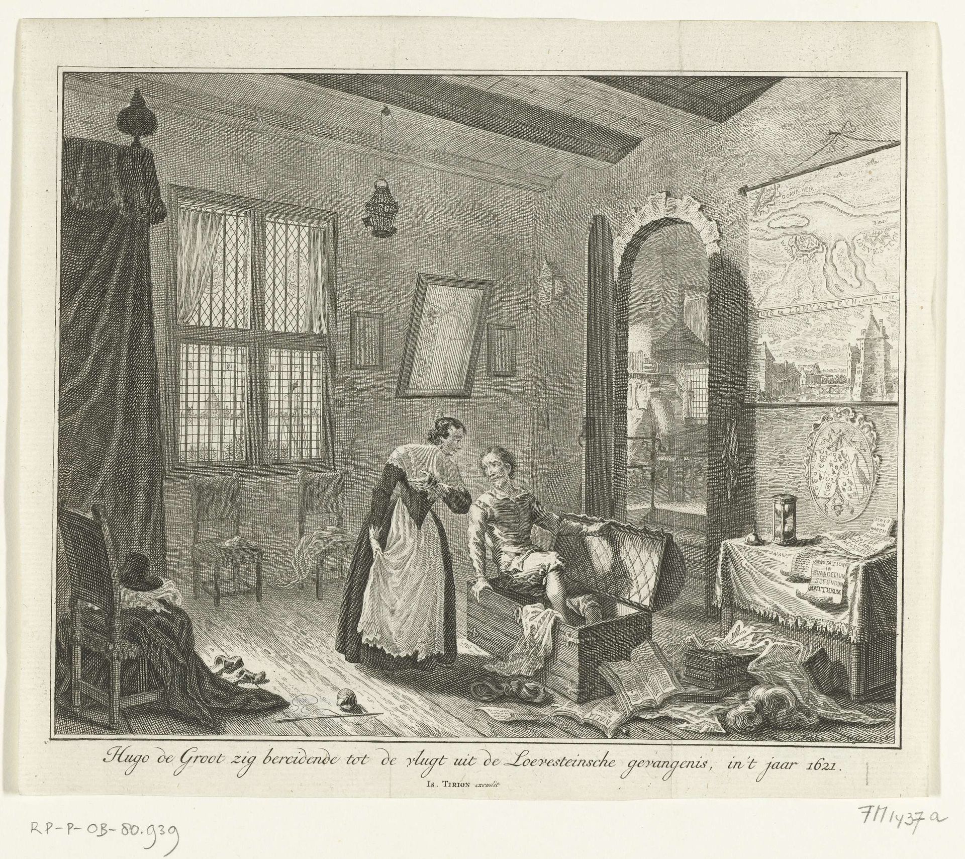 Hugo de Groot verstopt zich in de boekenkist, 1621 by Simon Fokke
