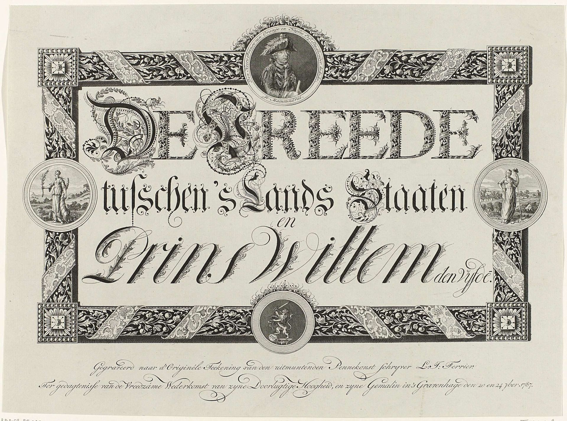 Kalligrafie op de vrede tussen de Staten en prins Willem V, 1787 by Leonard Jozef Ferrier