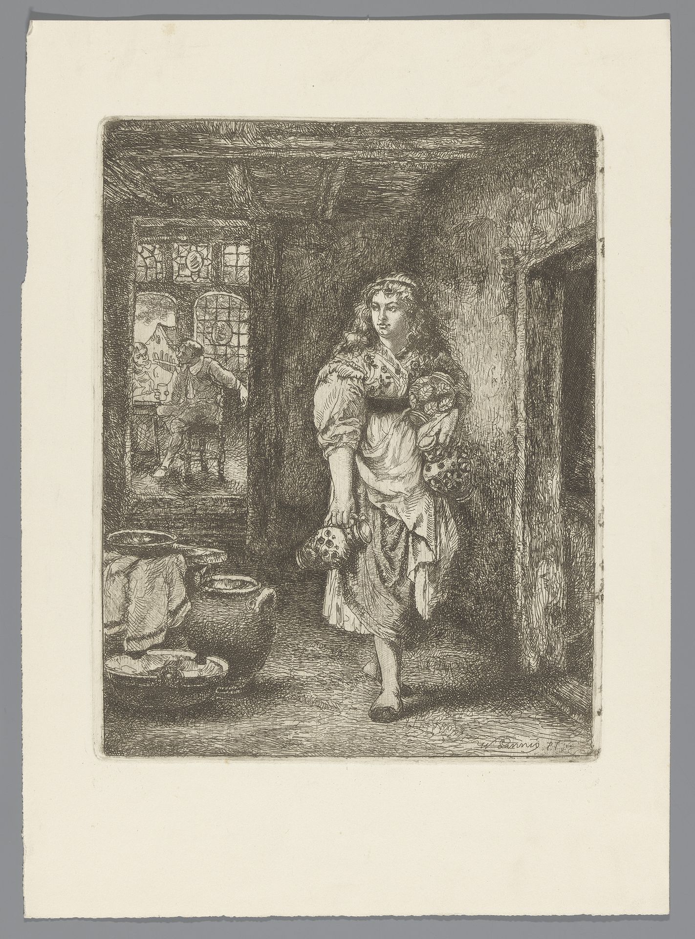 Serveerster met kruiken in een herberg by Willem (II) Linnig