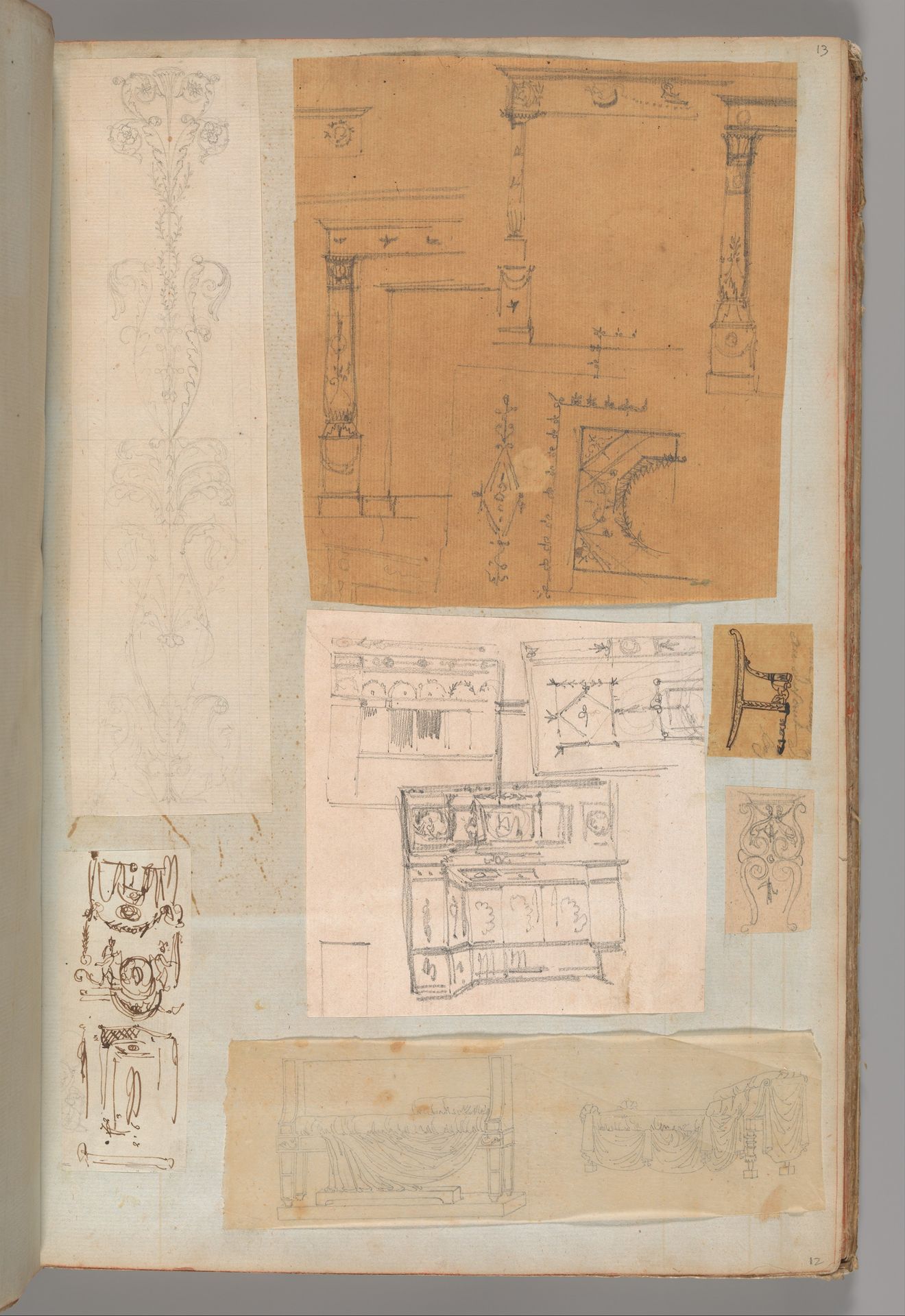 Page from a Scrapbook containing Drawings and Several Prints of Architecture, Interiors, Furniture and Other Objects by Charles Percier