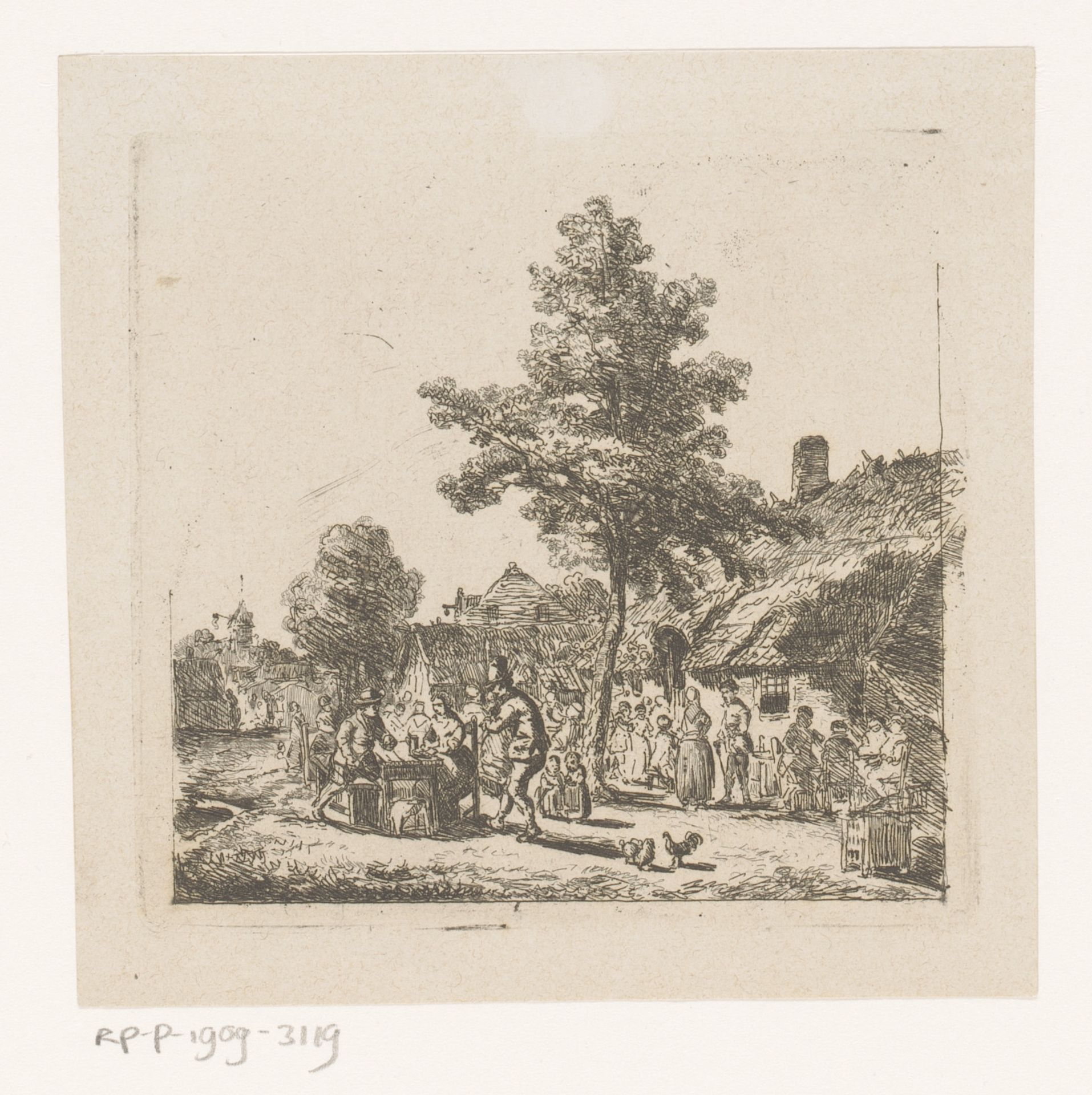 Dorpsgezicht met een groot gezelschap op een plein by Florent Nicolas Crabeels