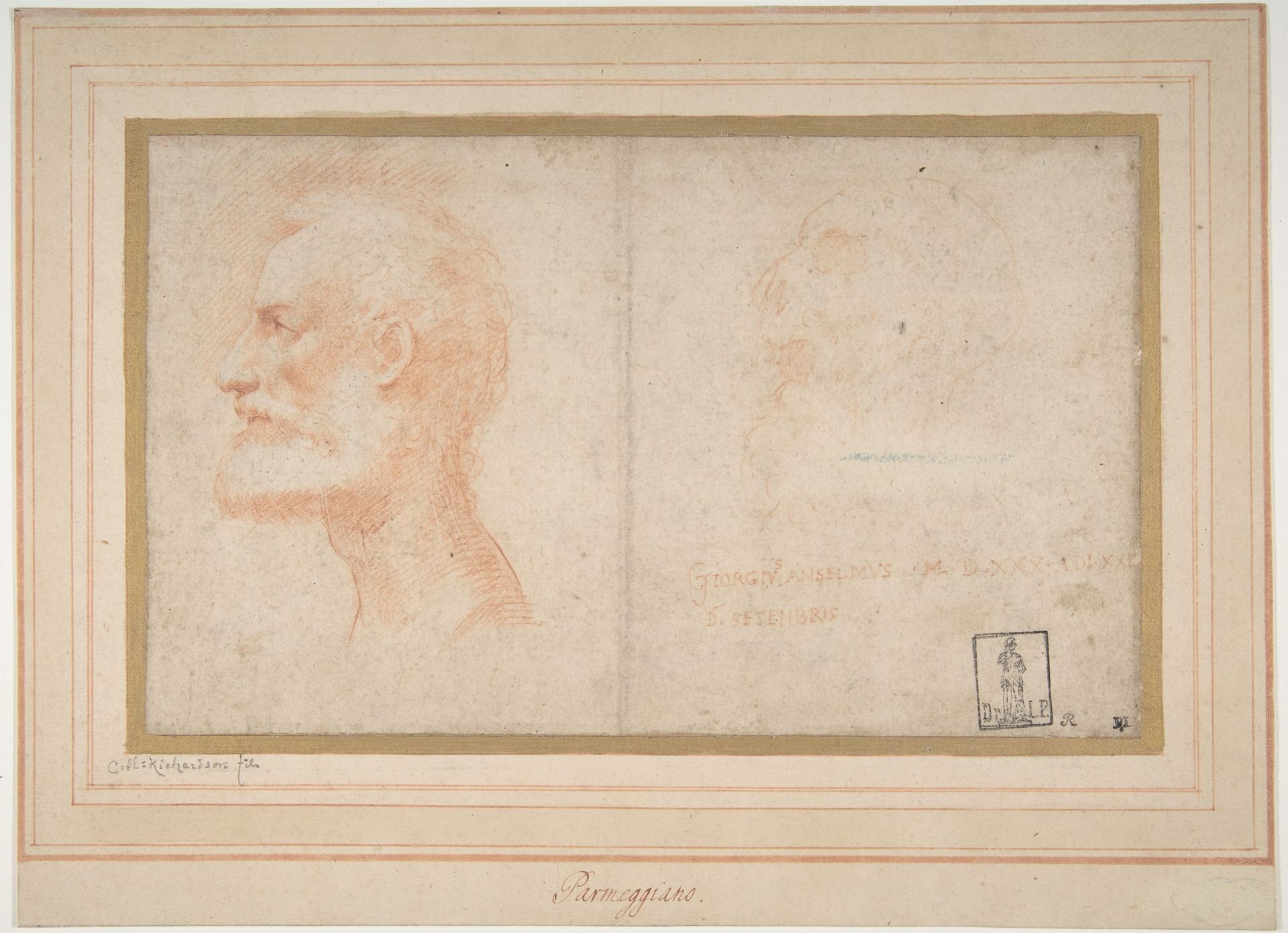 Head of a Bearded Man in Profile to Left, possibly the Portrait of the Poet Giorgio Anselmi (ca. 1459-1528), with Faint Sketch of a Skull-like Head by Parmigianino