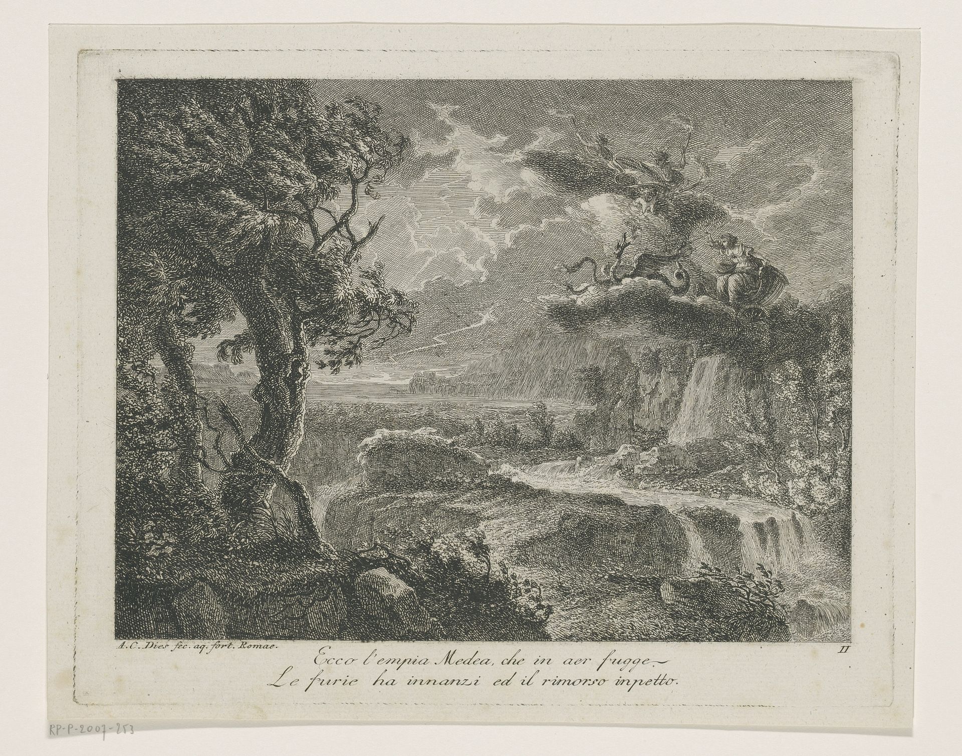 Stormachtig rivierlandschap met de vliegende wagen van Medea, getrokken door een Hydra by Albert Christoph Dies