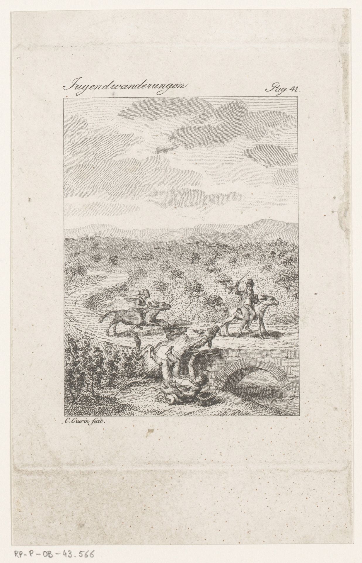 Ruiter te paard van een brug vallend by Christophe Guérin