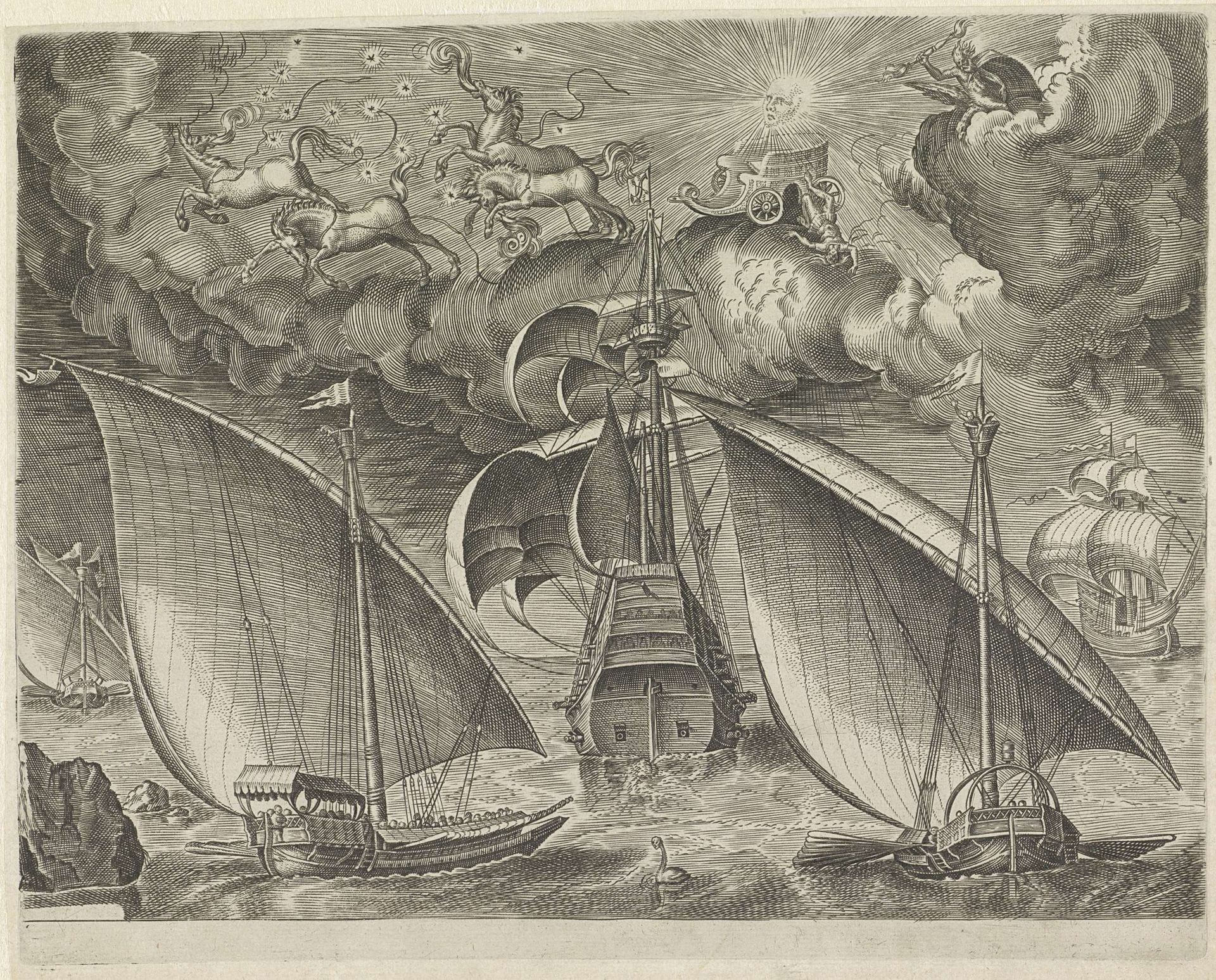 Twee galeien achter een driemaster, in de lucht de val van Phaëthon by Cornelis Cort