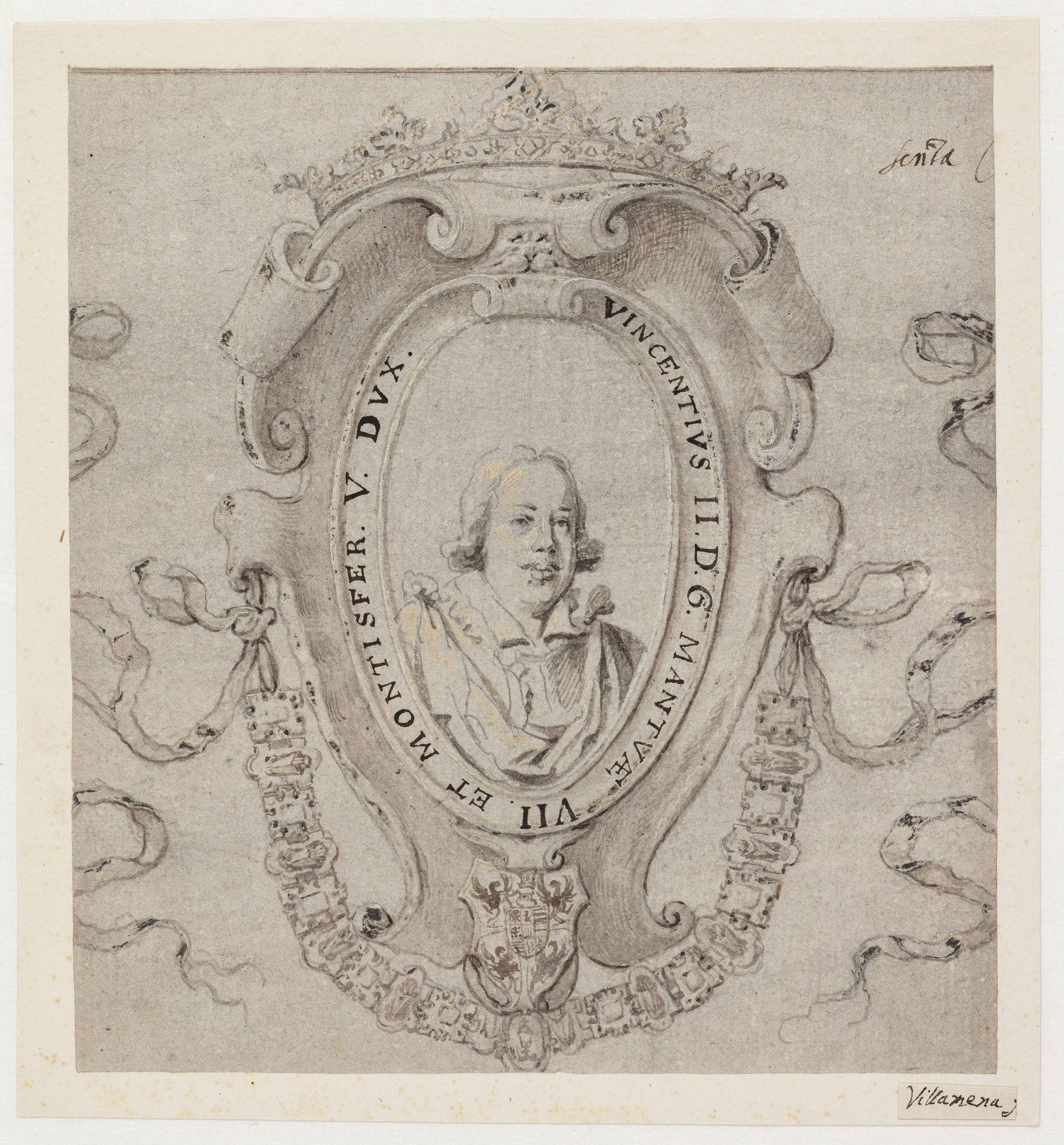 Portræt af Vicenzo II, hertug af Mantova. Brystbillede i oval kartouche, en face. I kartouchen indskriften VINCENTIVS II.D.G. MANTVÆ VII. ET MONTISFER. V. DVX. by Francesco Villamena