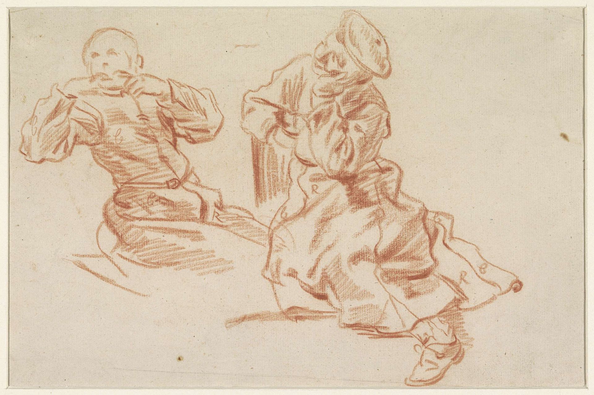 Studieblad met twee jongelingen in halfzittende houding by Jan Anton Garemyn