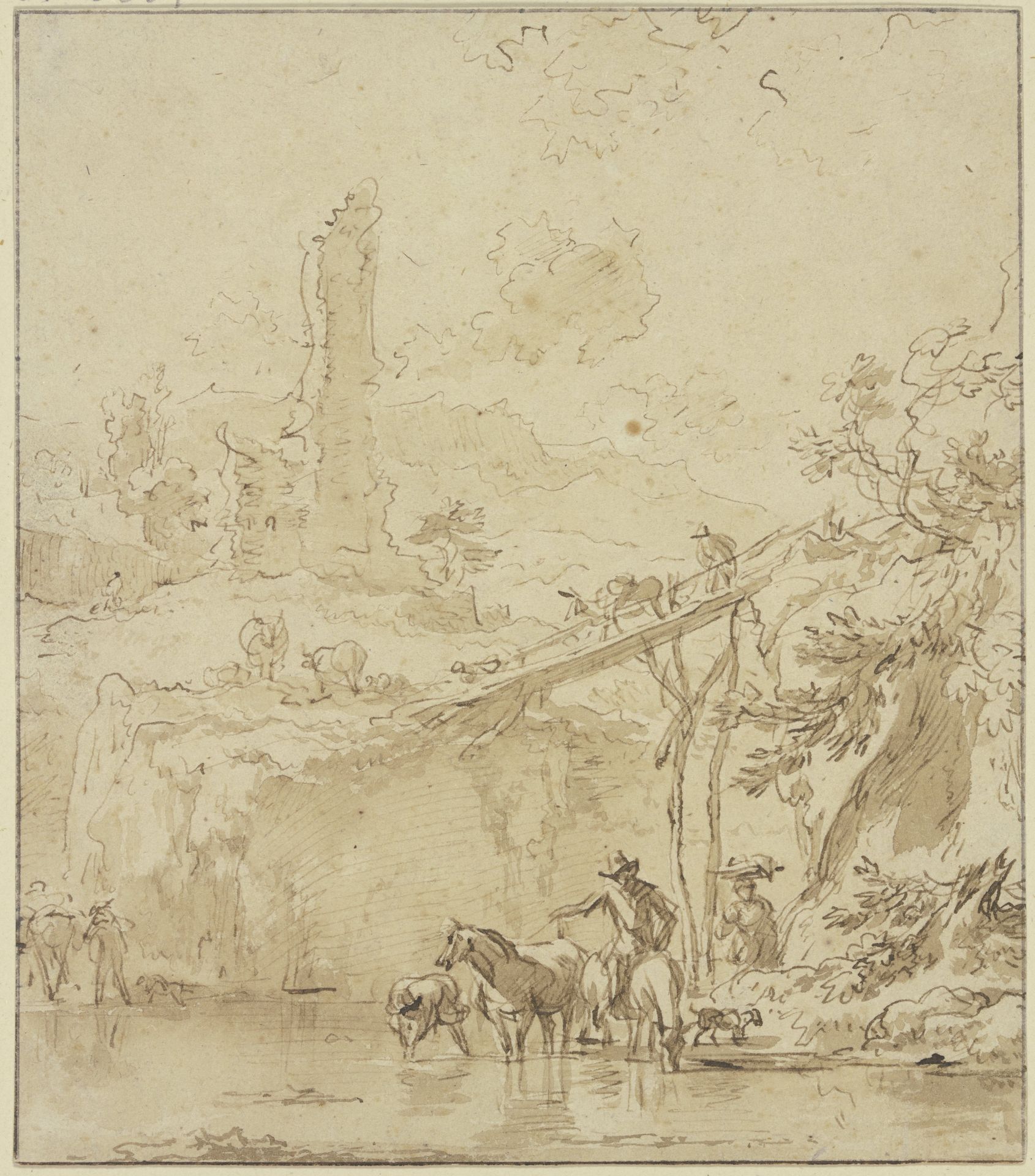 Burgruine, rechts ein hoher Steg, ein Bauer tränkt seine Pferde by Nicolaes Berchem