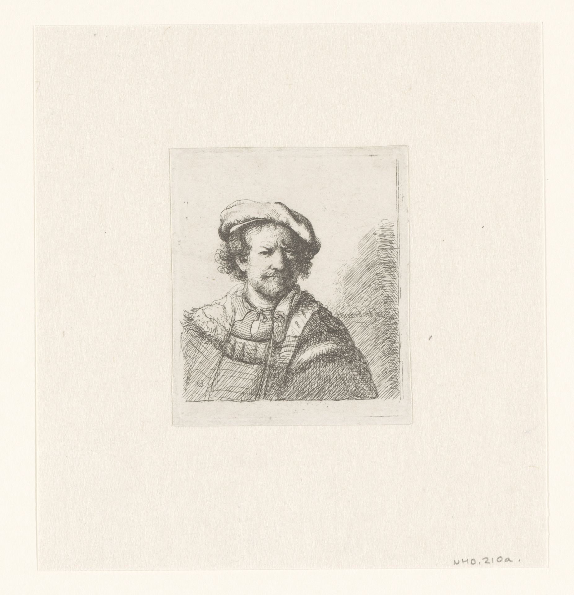 Self-portrait in a flat cap and embroidered dress by David Deuchar